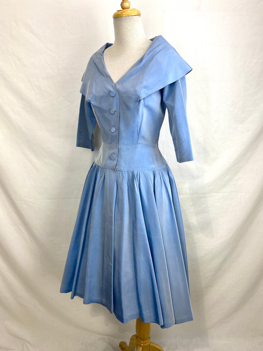 Vintage 1950s Blue Taffeta Cocktail Dress, Small