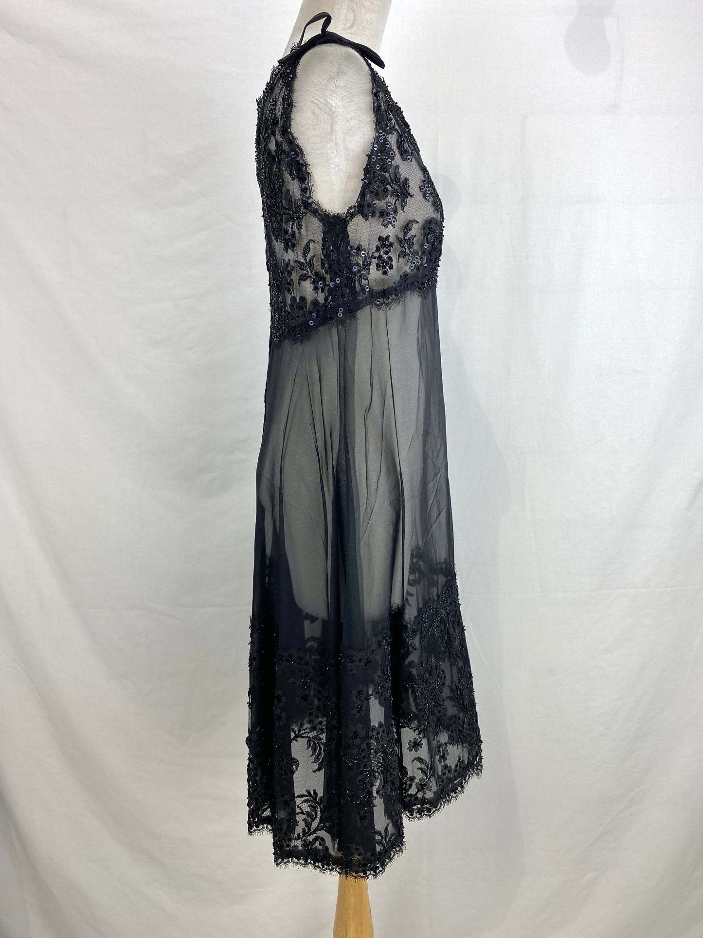 Vintage 1960s Sheer Black Beaded Lace Party Dress, Medium