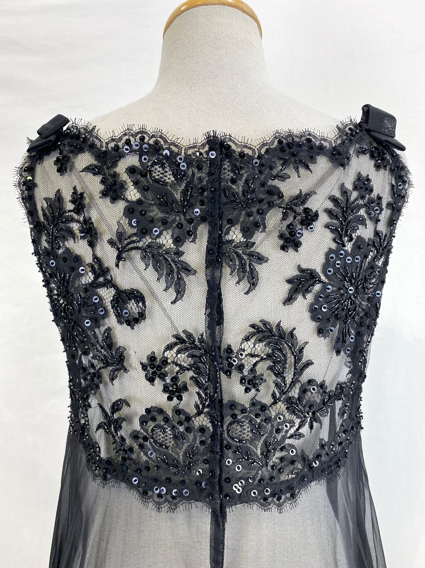 Vintage 1960s Sheer Black Beaded Lace Party Dress, Medium