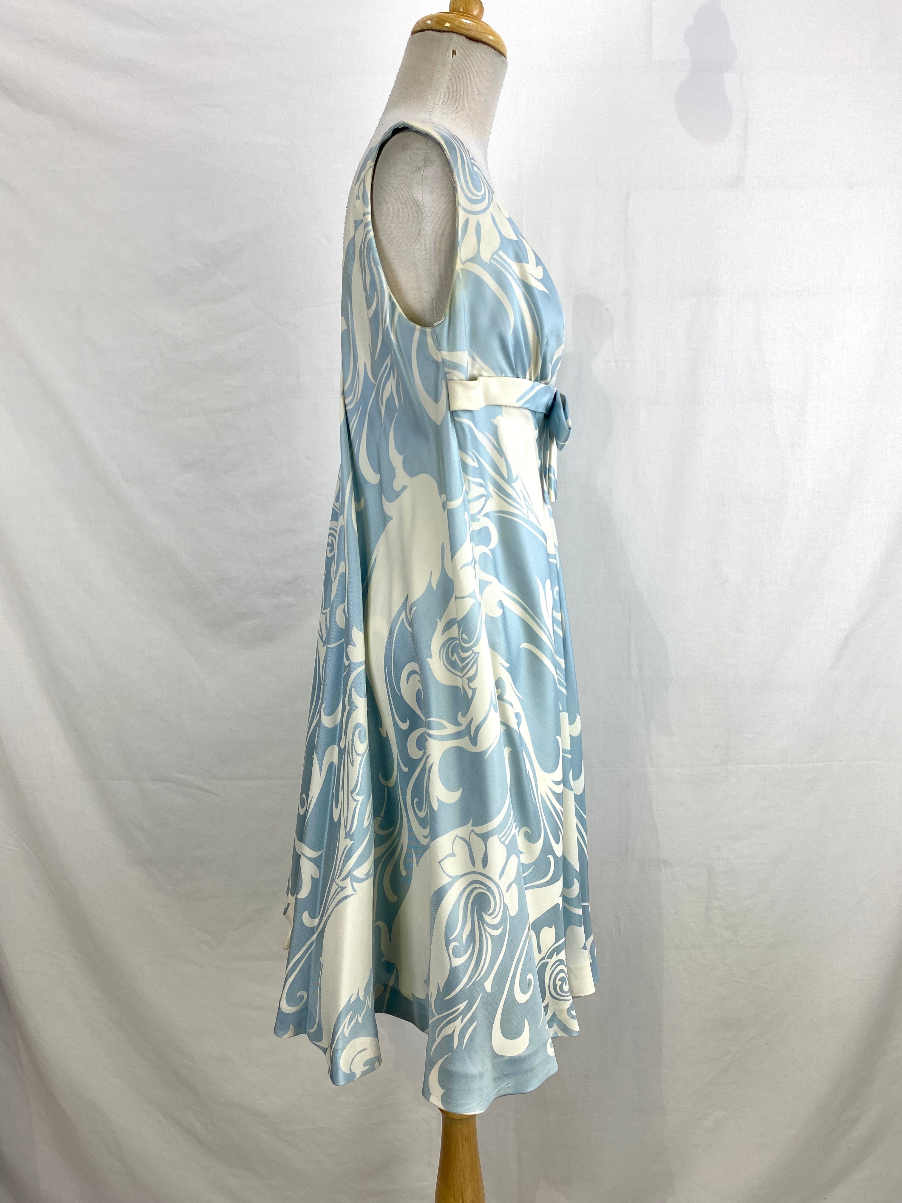 Vintage 1960s Ceil Chapman Blue & Cream Silk Print Dress, Medium