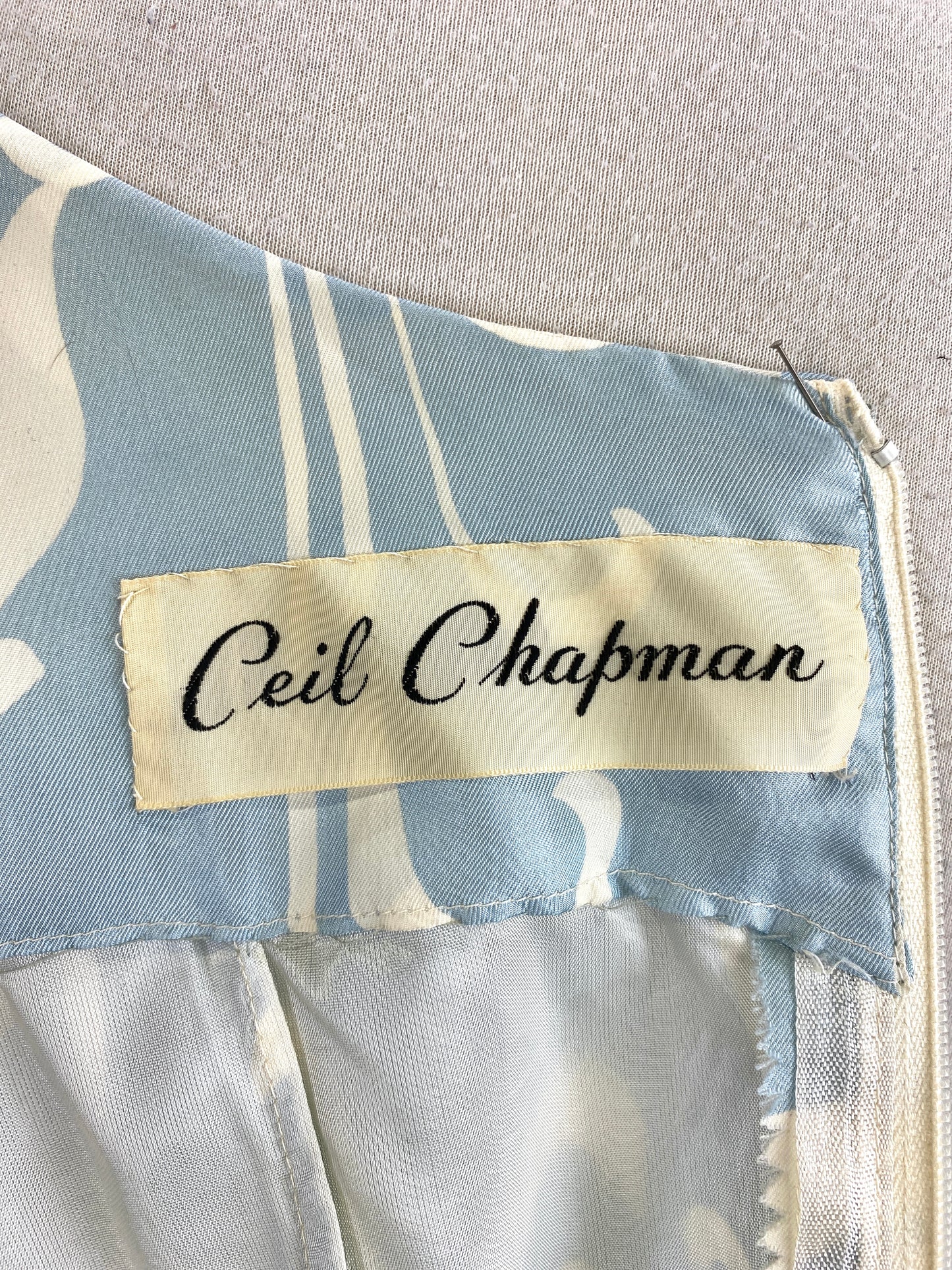 Vintage early 70s Ceil Chapman Blue & Cream Silk Print Dress, Medium 