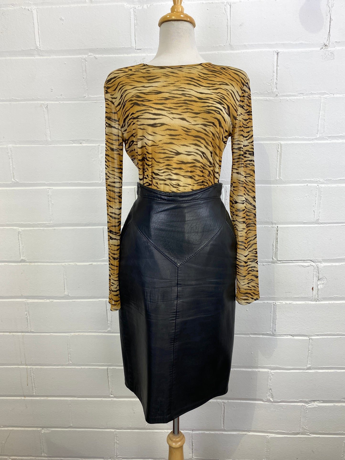 Vintage 1980s Black Leather High-Waist Skirt, W27"