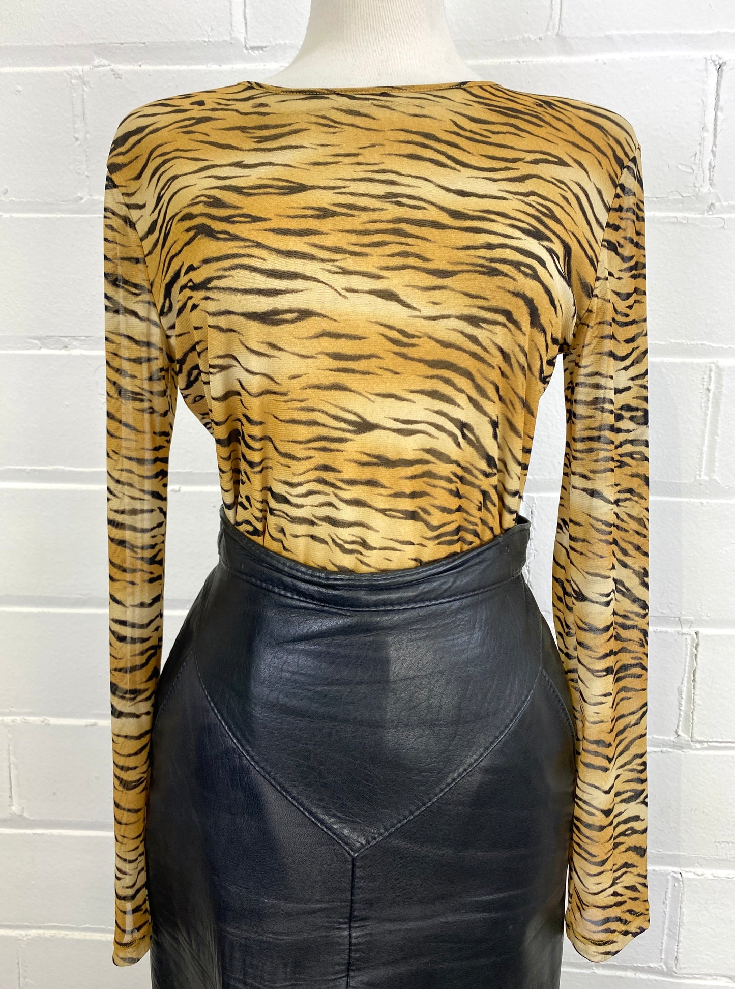 Early 2000s/ Y2K Tiger Print Nylon Long-Sleeve Top, Jones New York, Medium 