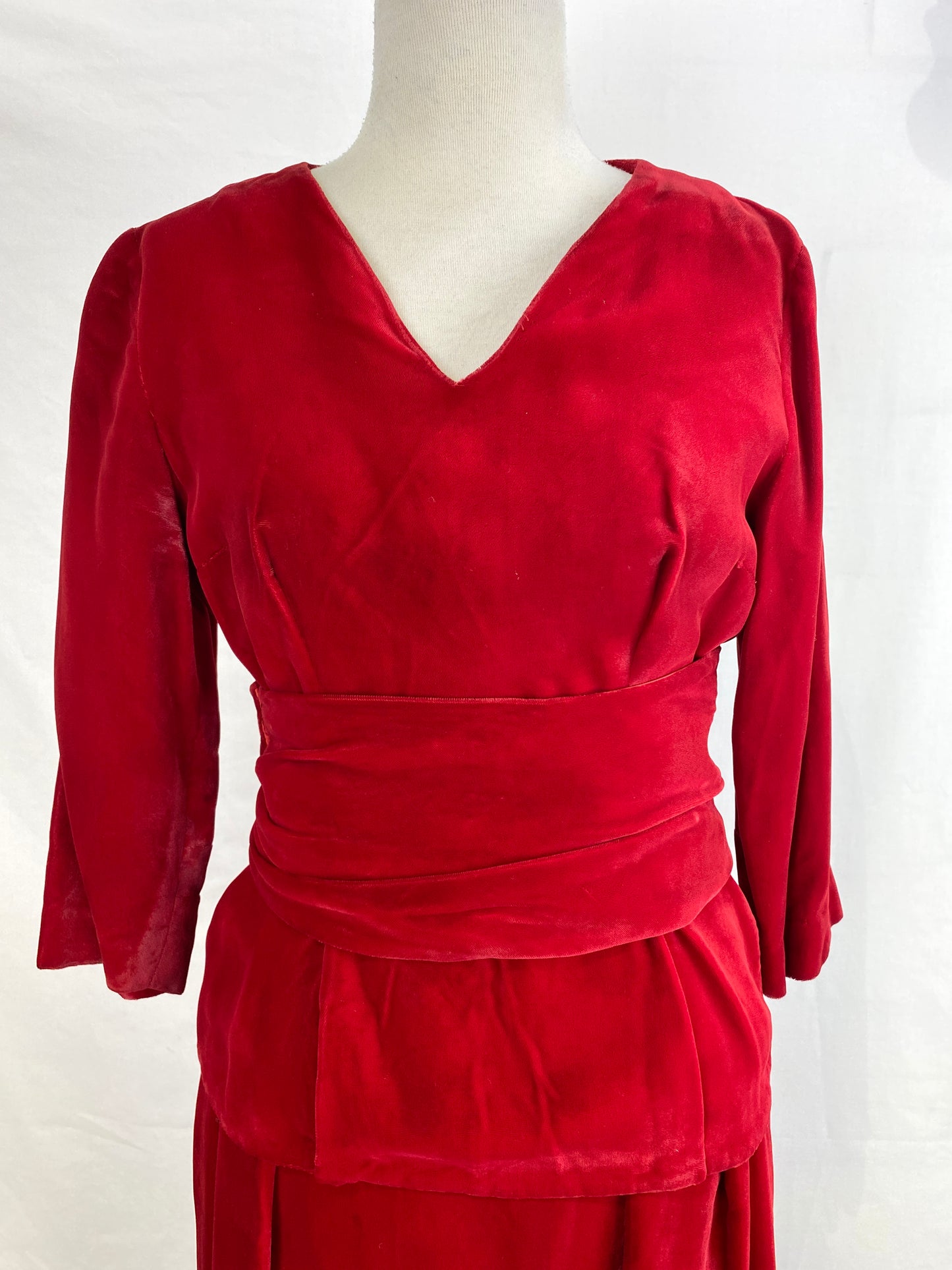 Vintage 1950s Red Velvet Skirt & Top 2 Piece Set With Sash Belt, Small