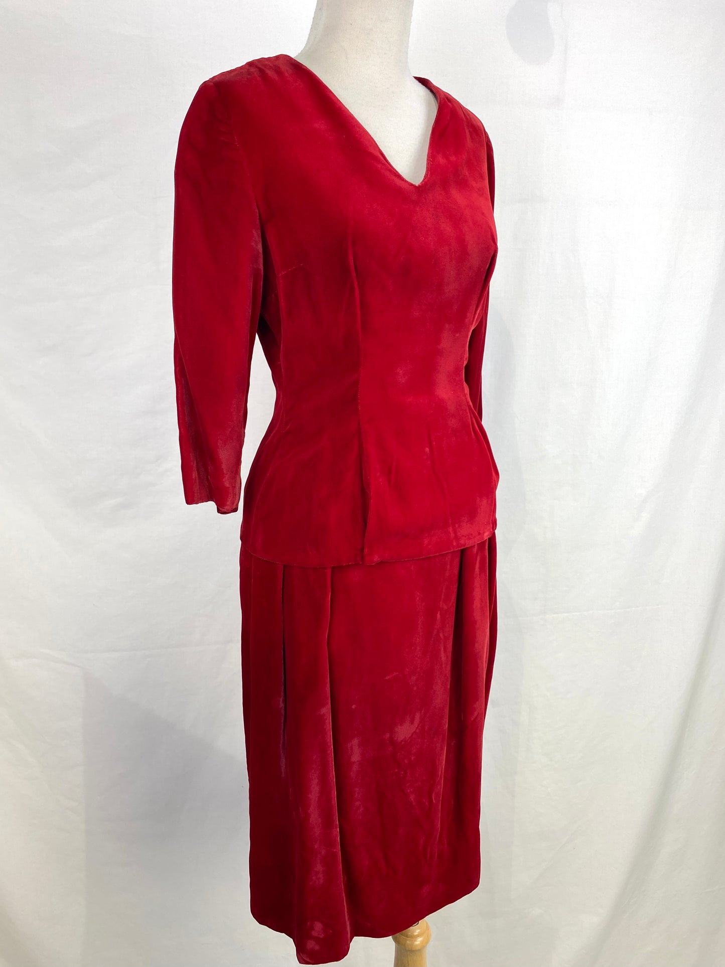 Vintage 1950s Red Velvet Skirt & Top 2 Piece Set With Sash Belt, Small