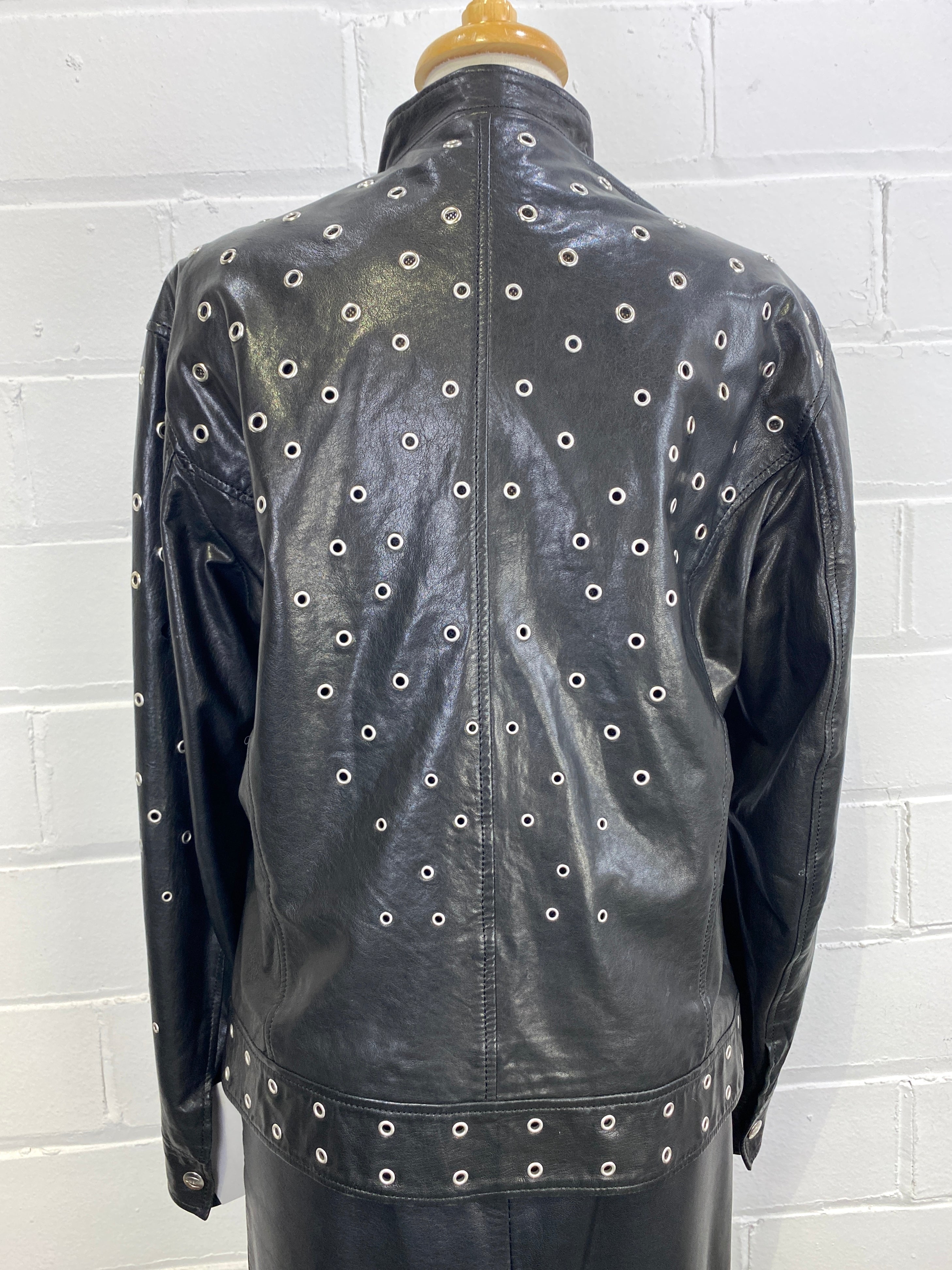 2000s Y2K Roberto Cavalli Designer Black Leather Studded Zip