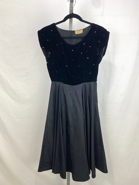 Vintage 1950s Black Velvet Rhinestone Cocktail Dress, XS