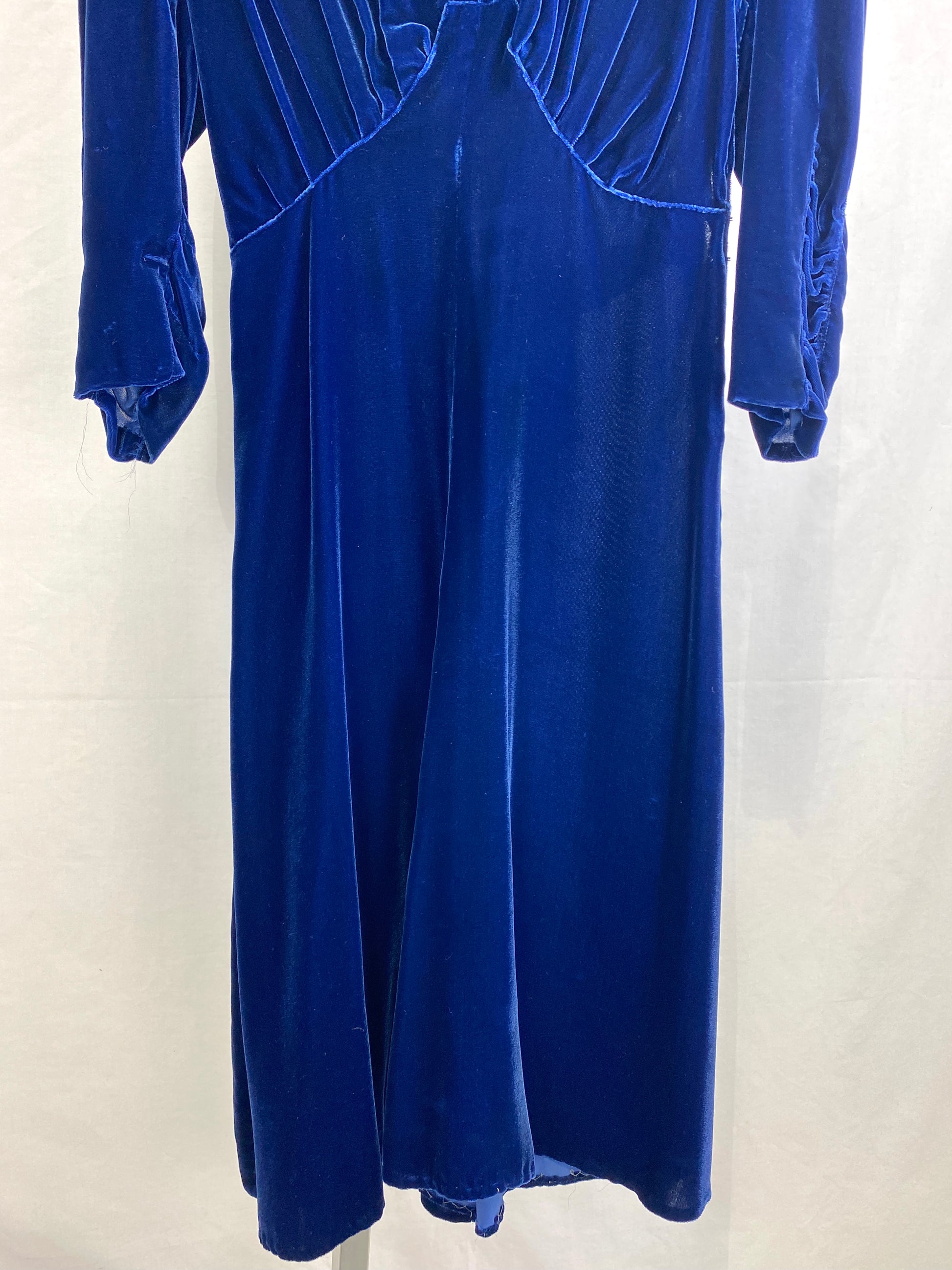 Vintage 1940s Blue Velvet Cocktail Dress, Ruched Sleeves, Small