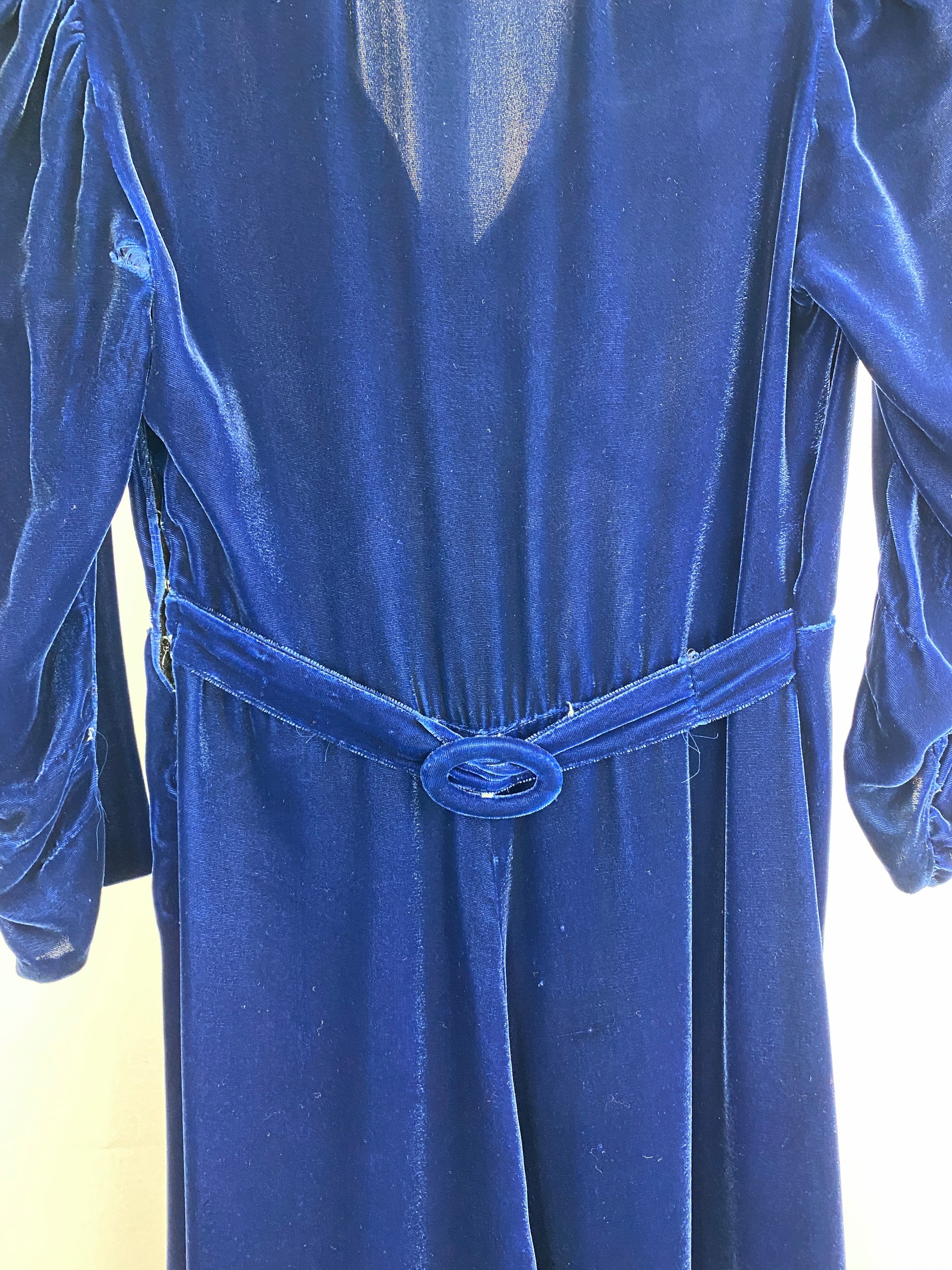 Vintage 1940s Blue Velvet Cocktail Dress, Ruched Sleeves, Small