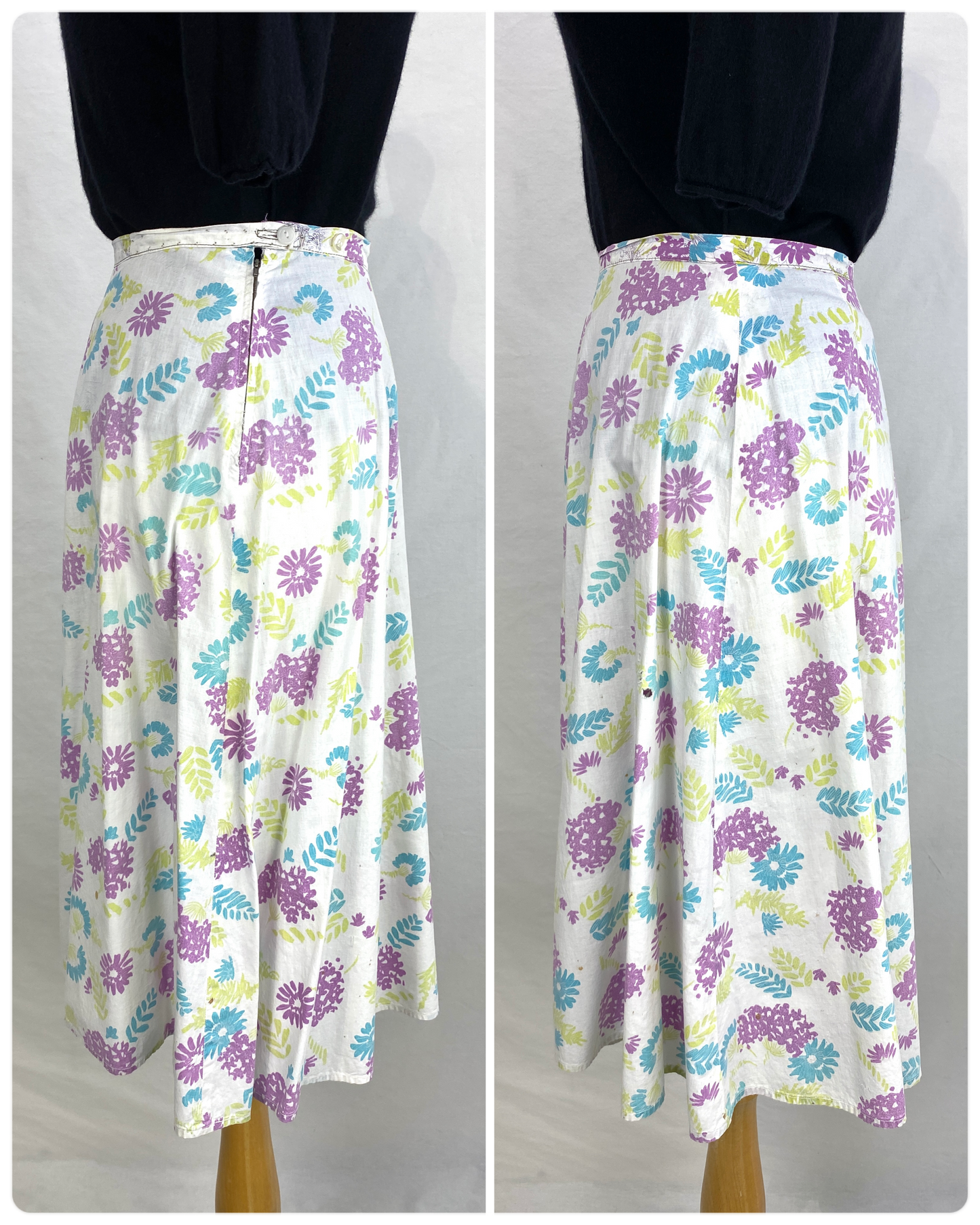 Side views of 50s purple & blue floral print skirt. Ian Drummond Vintage. 