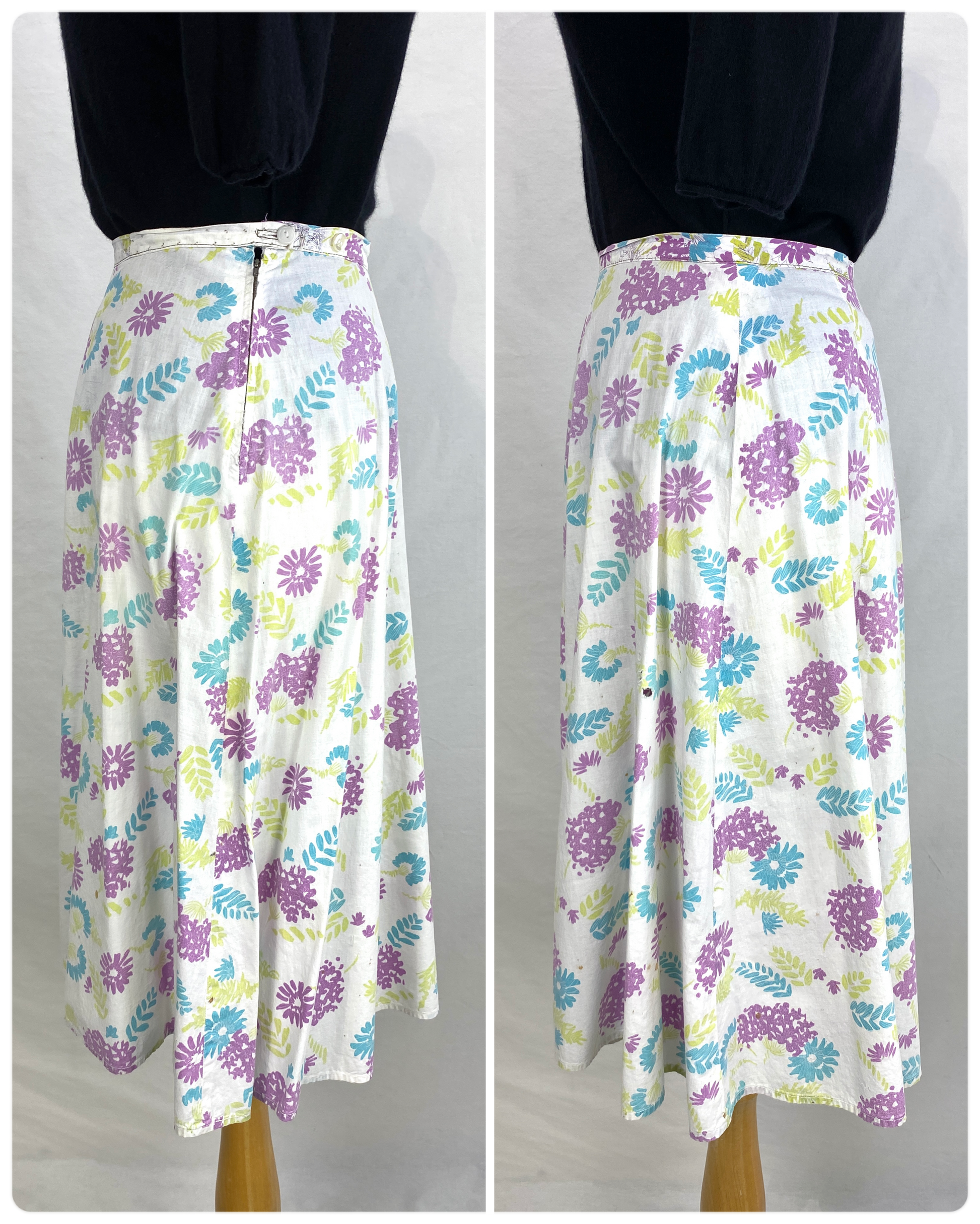 Side views of 50s purple & blue floral print skirt. Ian Drummond Vintage. 