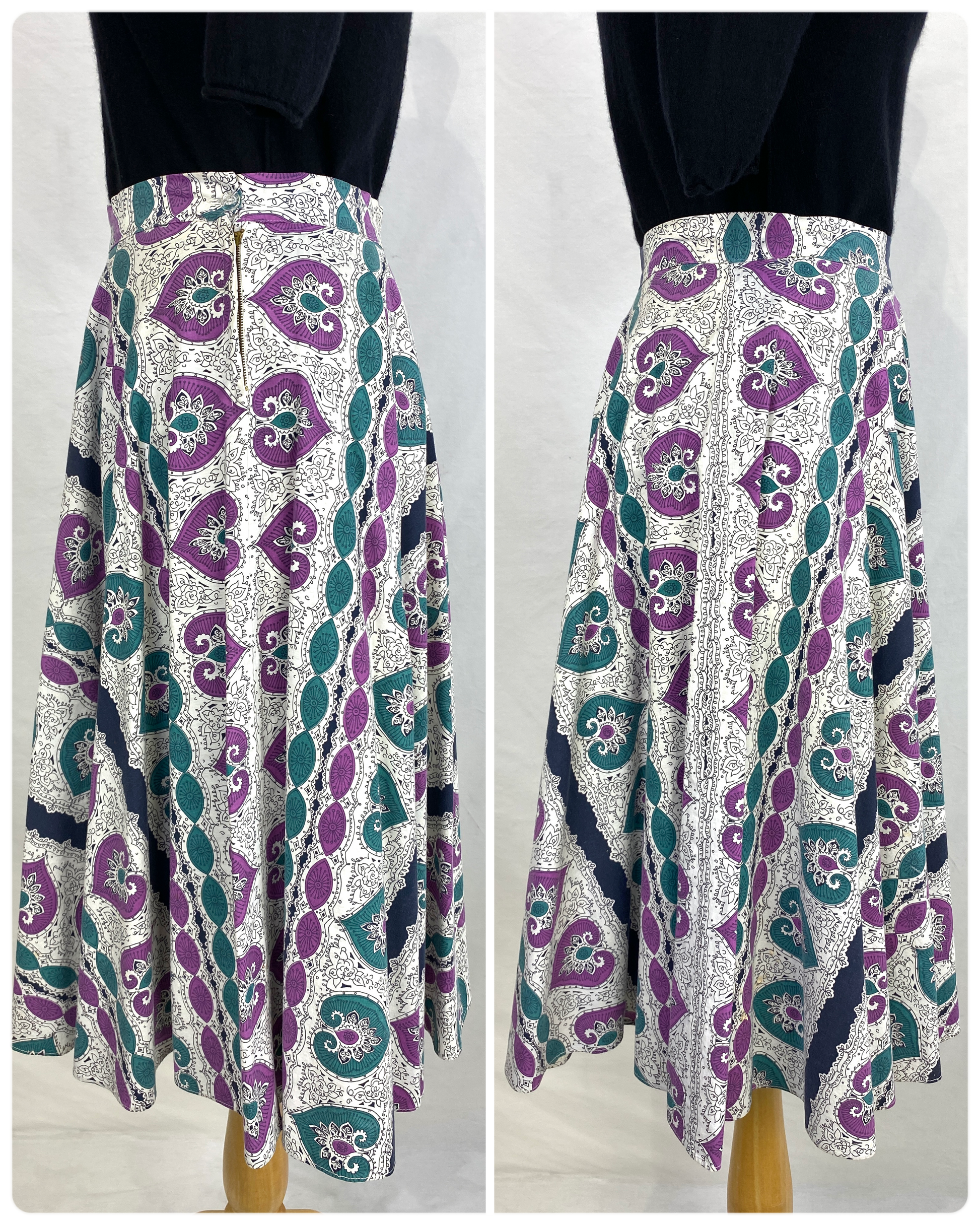 Side views of 1950s Indian motif circle skirt. Ian Drummond Vintage. 