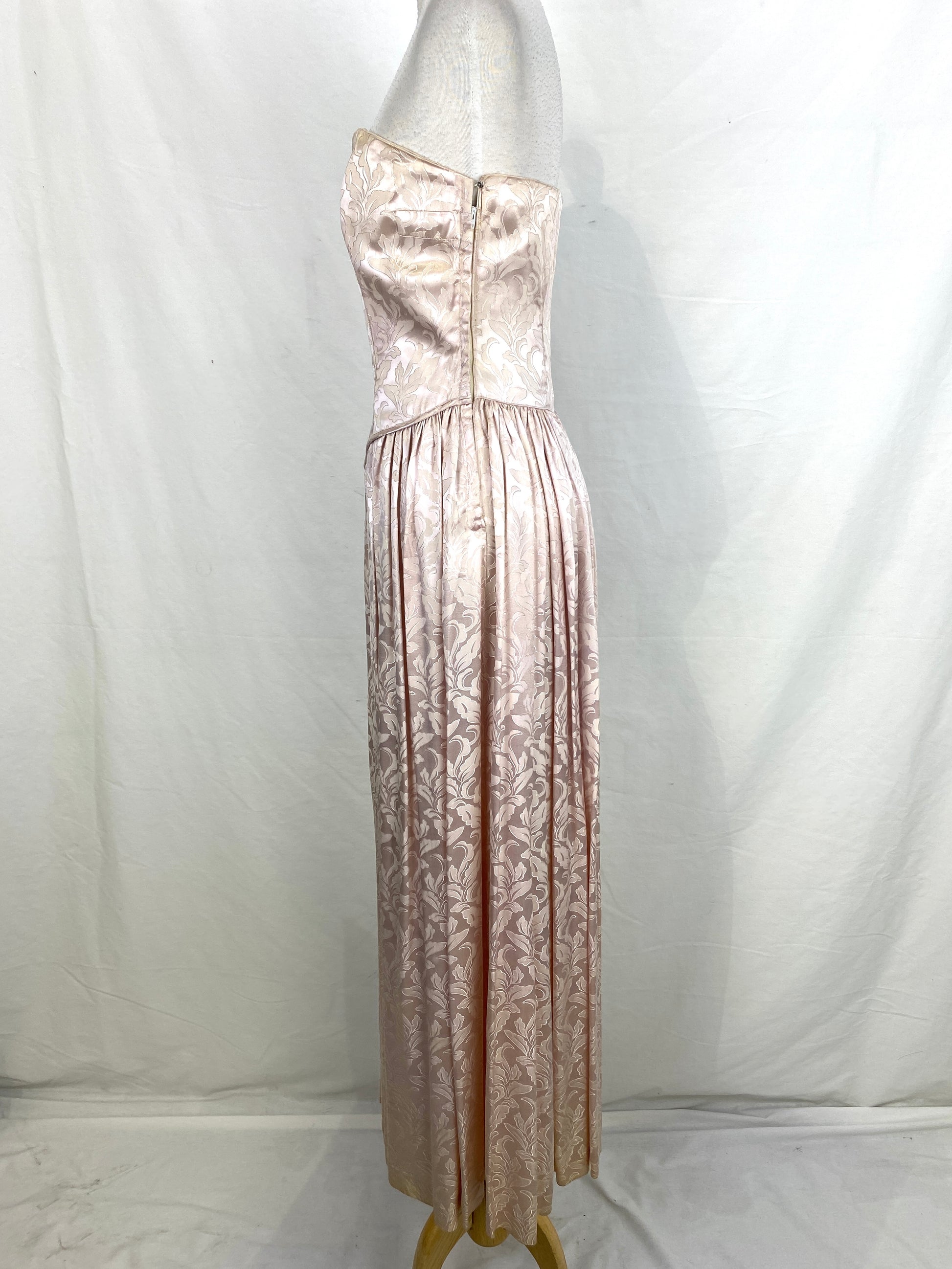 Left side view of vintage 50s pink silk brocade gown. Ian Drummond Vintage. 