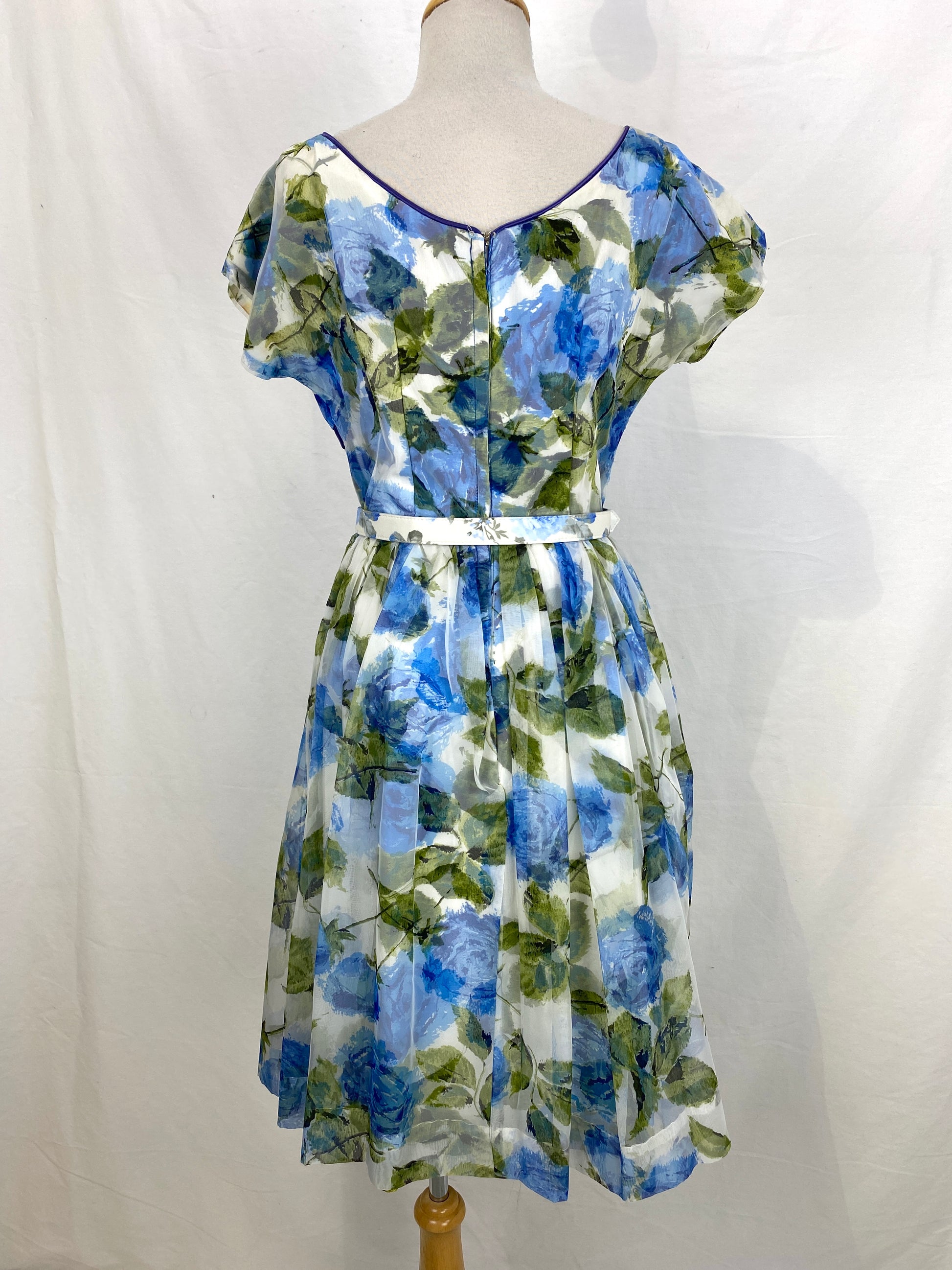 Back view of green blue floral 50s dress. Ian Drummond Vintage. 
