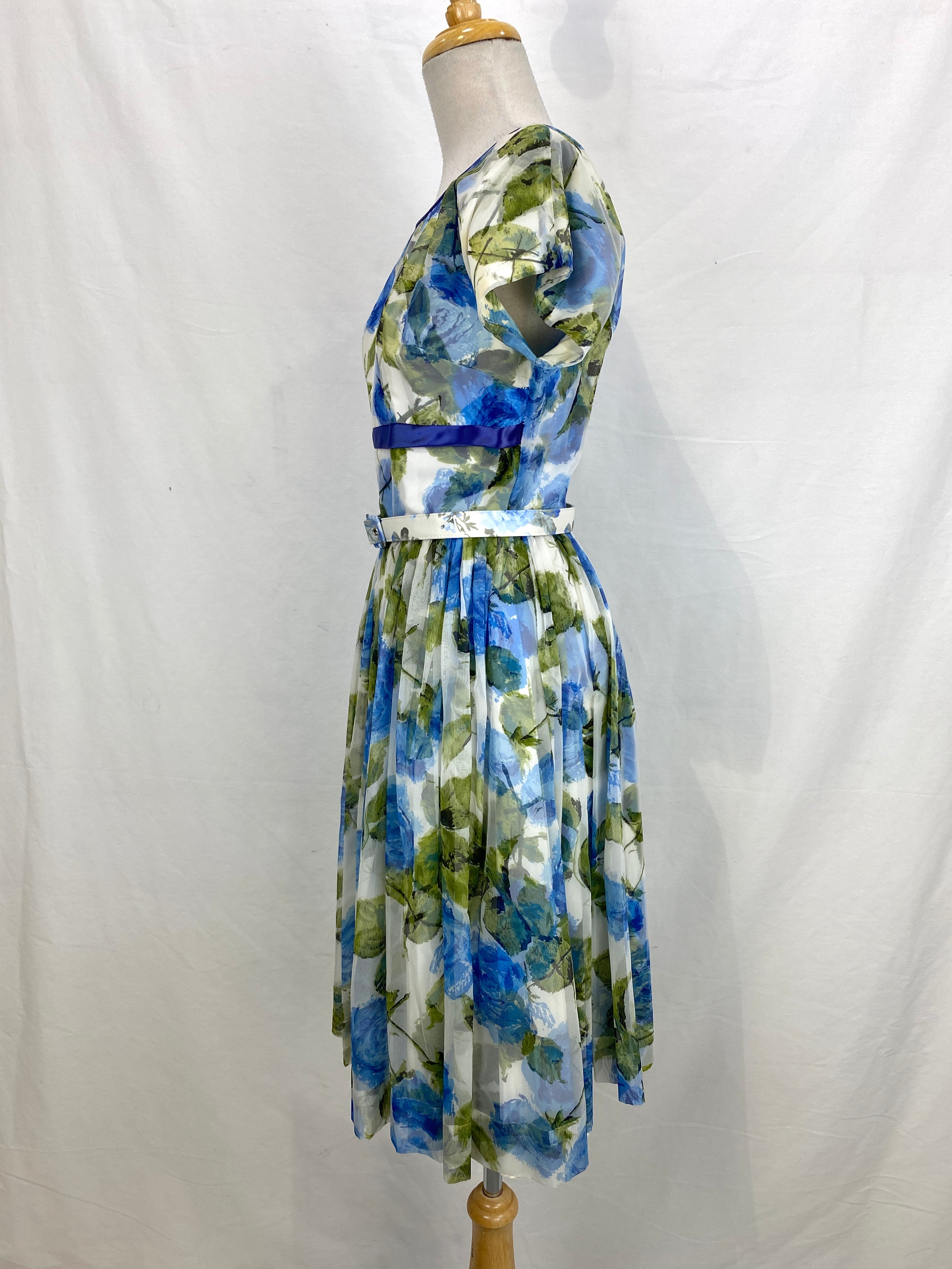 Vintage 1950s Blue/ Green Floral Print Rayon Tea Dress with Belt
