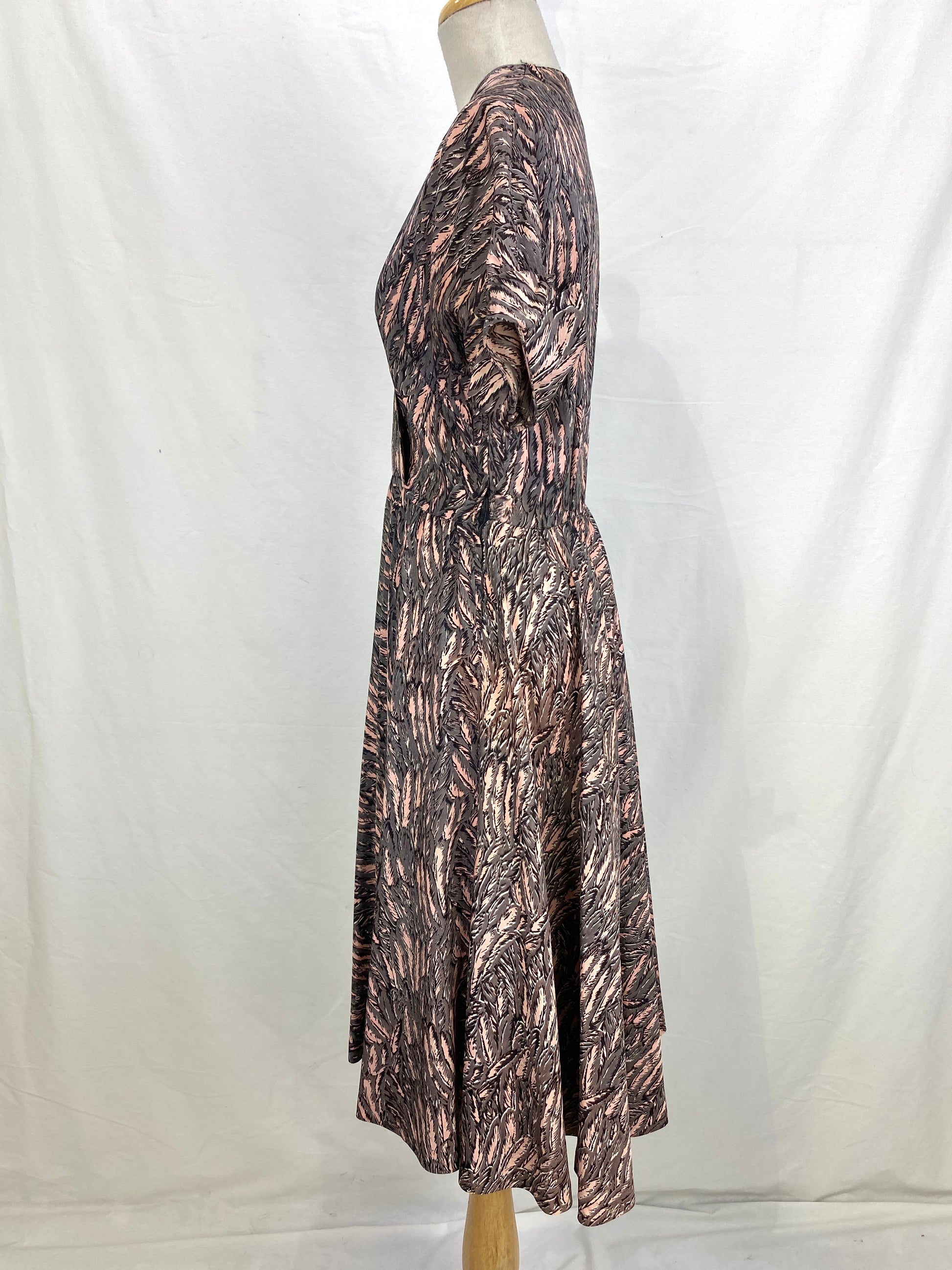 Vintage 1950s Grey/ Pink Feather Print Cross Front Dress, Medium