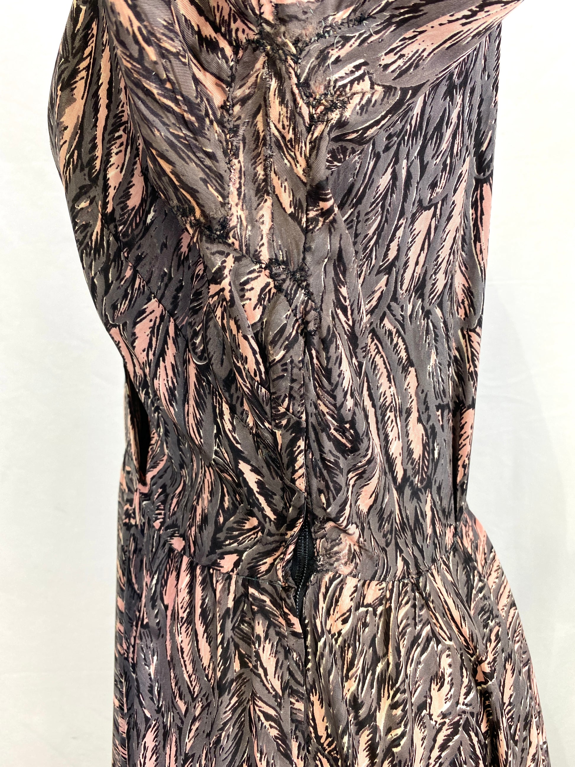 Armpit condition issues on grey feather print 50s dress. Ian Drummond Vintage. 