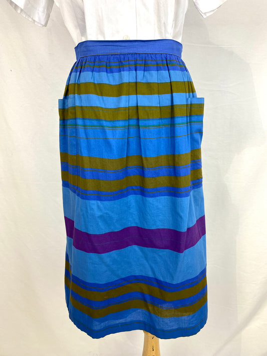 Front of vintage 80s blue stripe cotton skirt. Ian Drummond Vintage. 