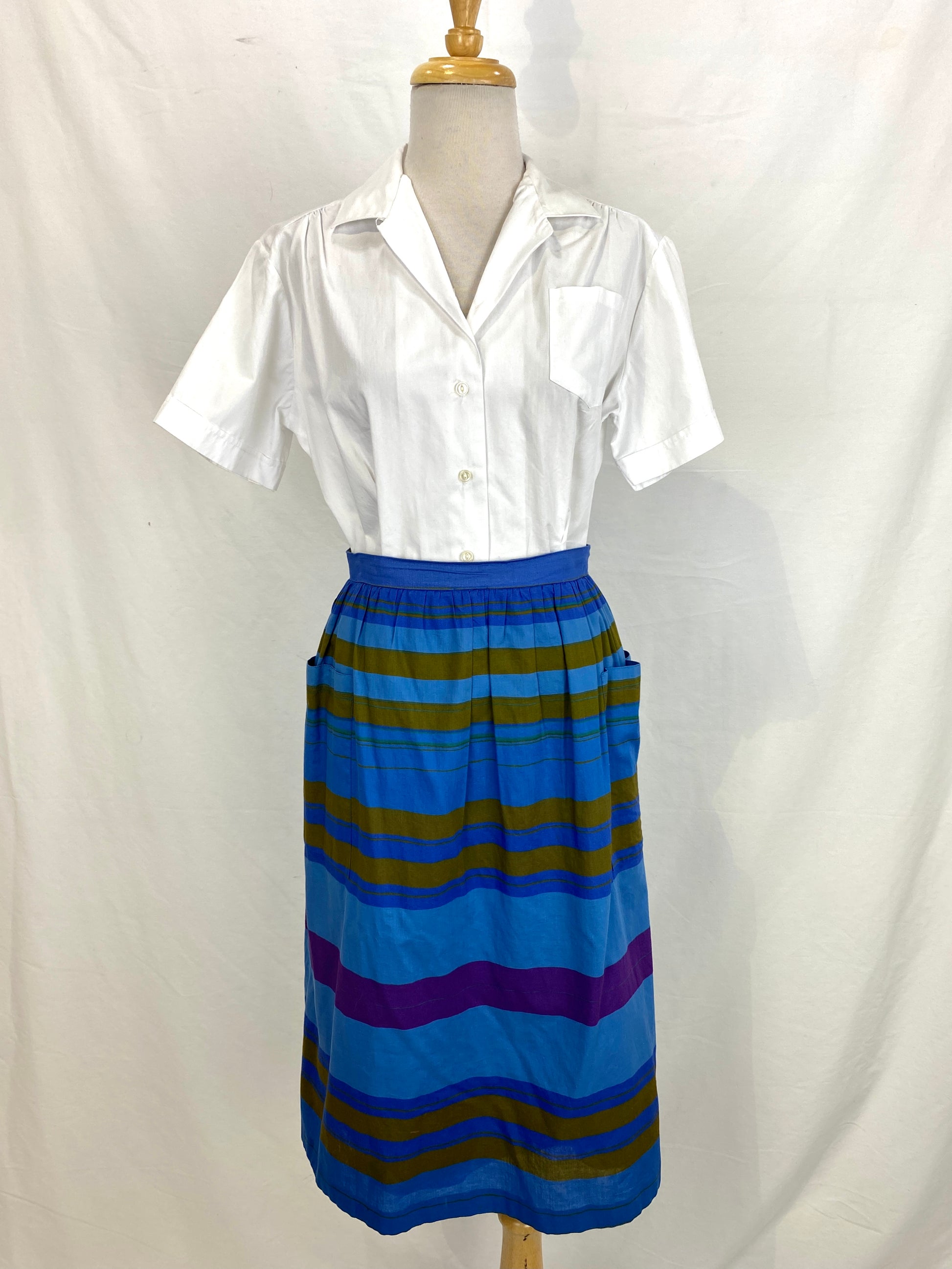 Blue 80s cotton straight skirt with pockets. Ian Drummond Vintage. 