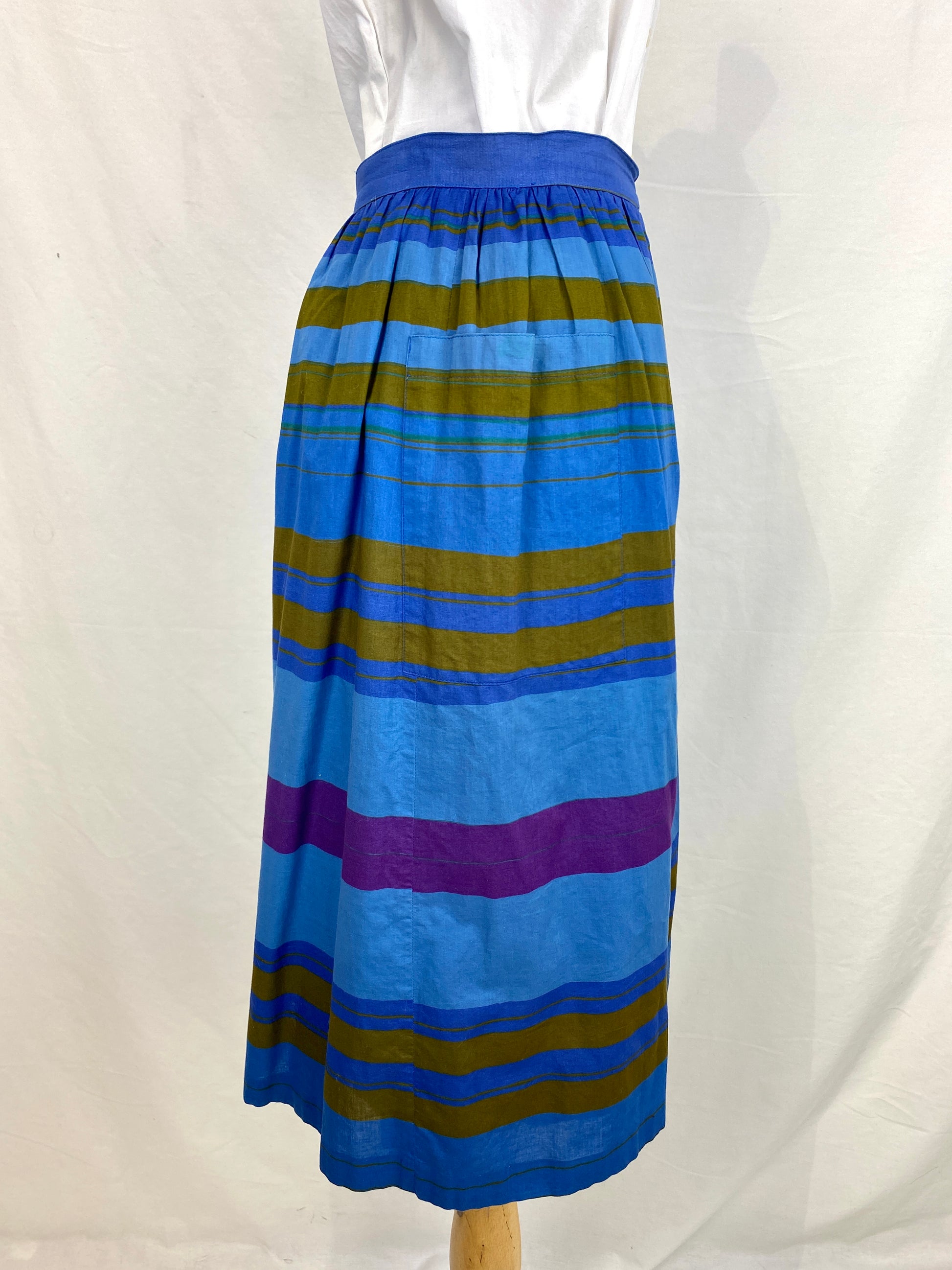 Right side view of blue striped cotton 1980s skirt. Ian Drummond Vintage. 