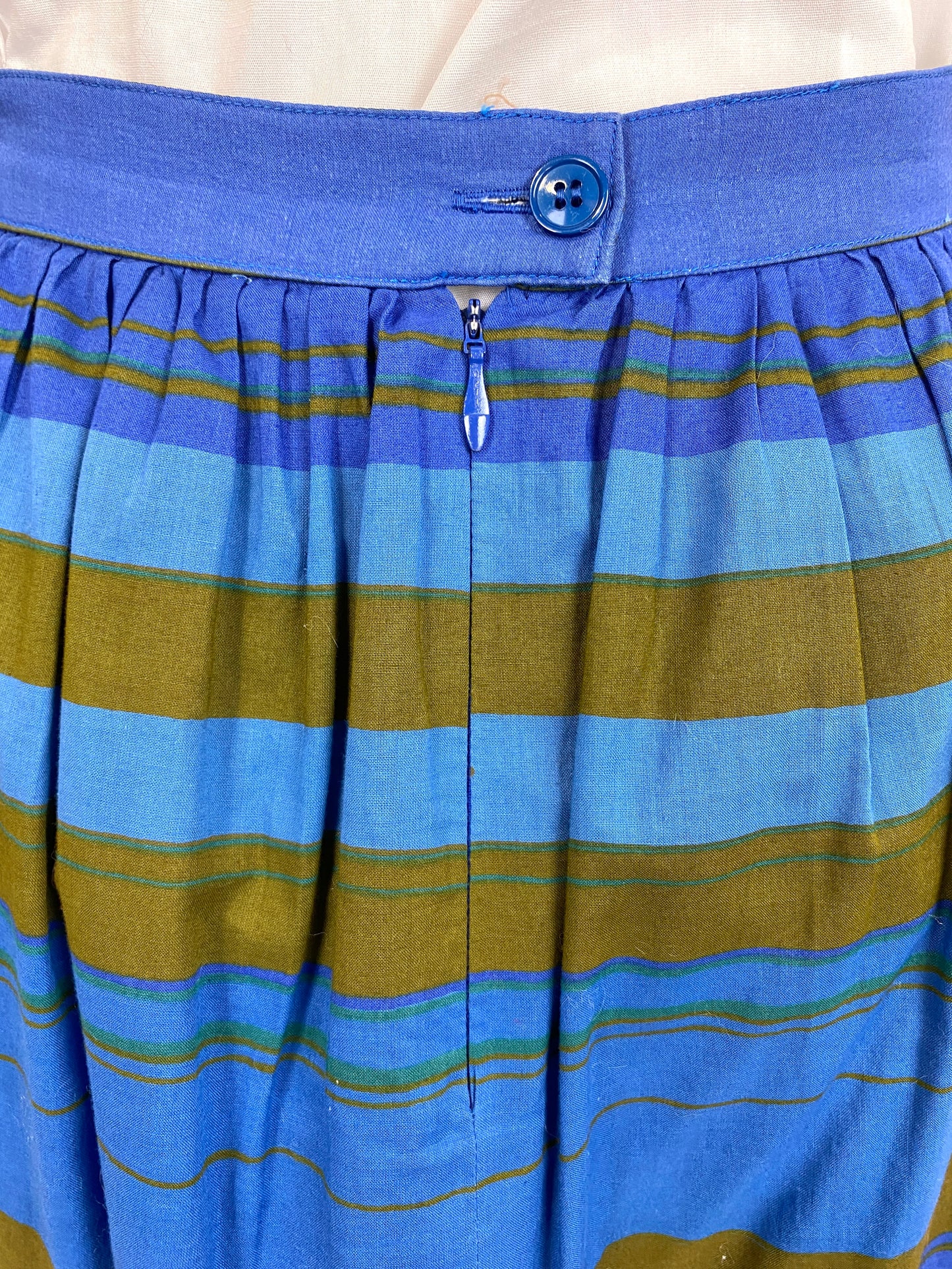 Close-up of invisible zipper and button closure on 80s blue skirt. Ian Drummond Vintage. 