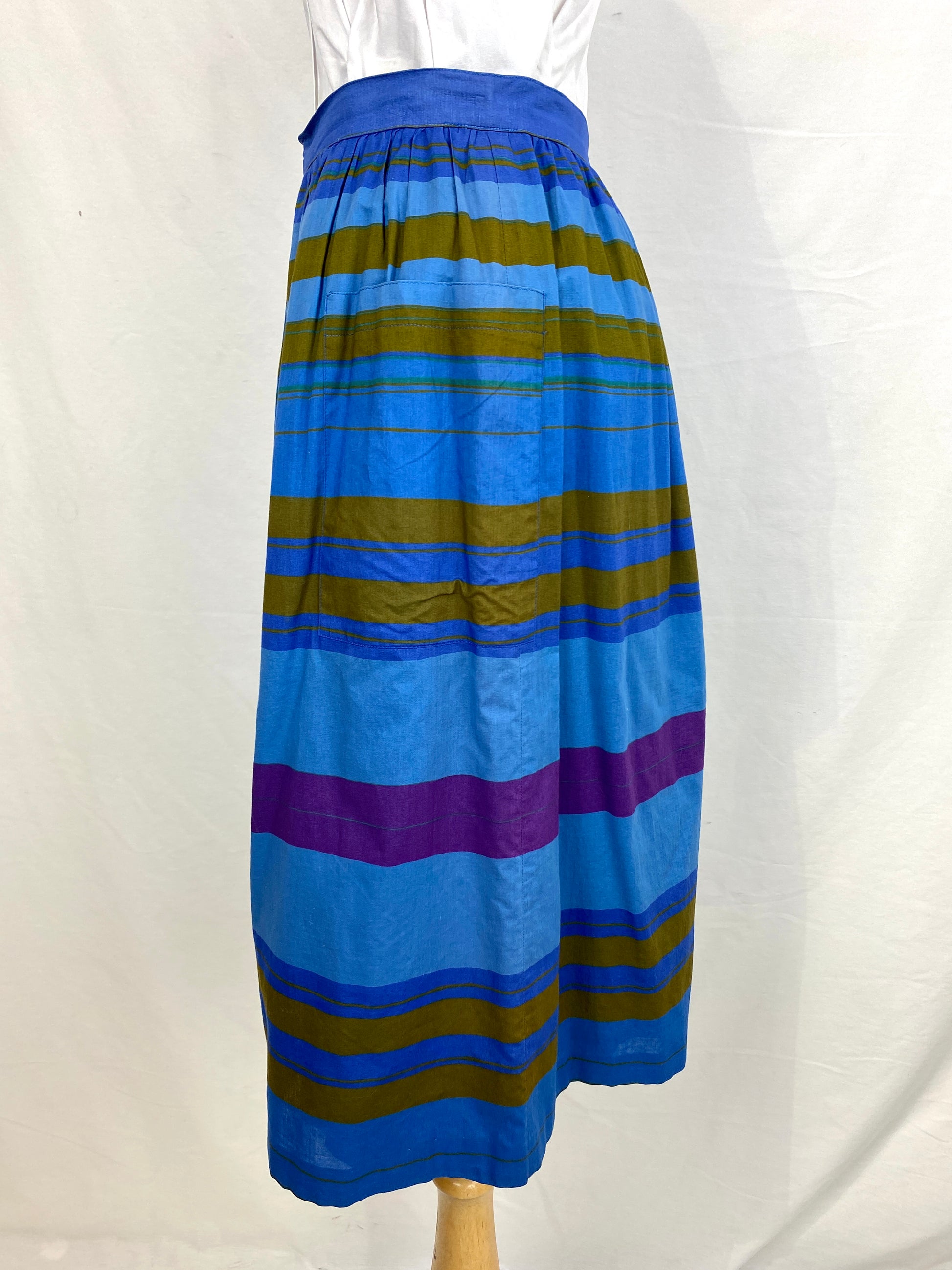 Left side view of 80s vertical stripe straight gathered skirt. Ian Drummond Vintage. 