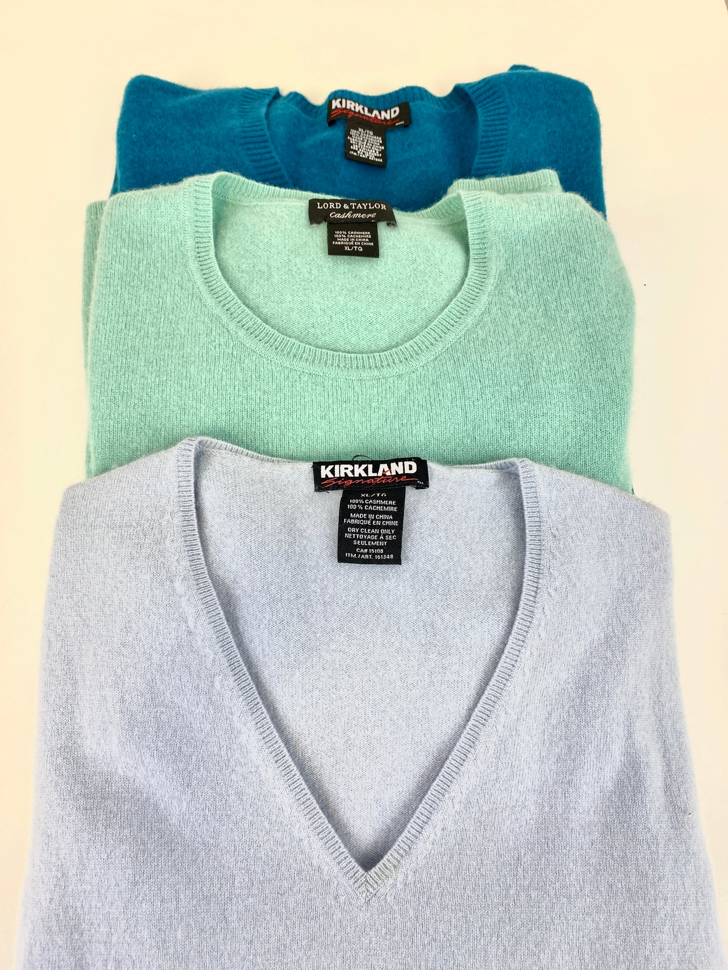 2 V neck and 1 crew neck cashmere sweaters in blue and green. Ian Drummond Vintage. 