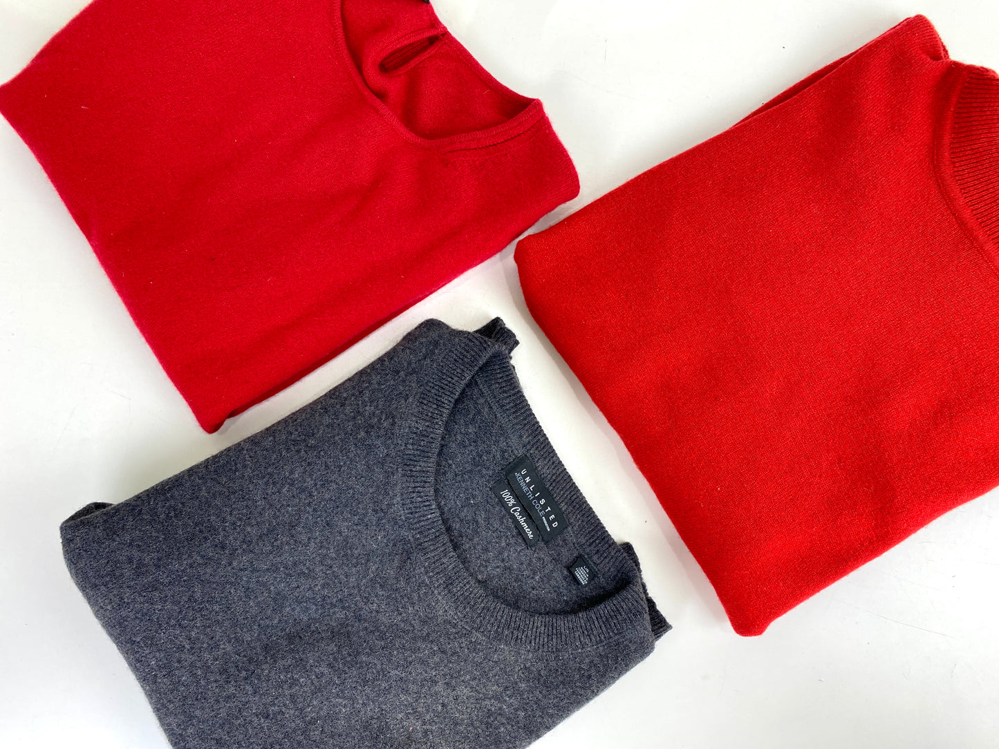 Vintage cashmere sweaters. red turtleneck, grey crew neck, red 3/4 sleeve. Ian Drummond Vintage. 