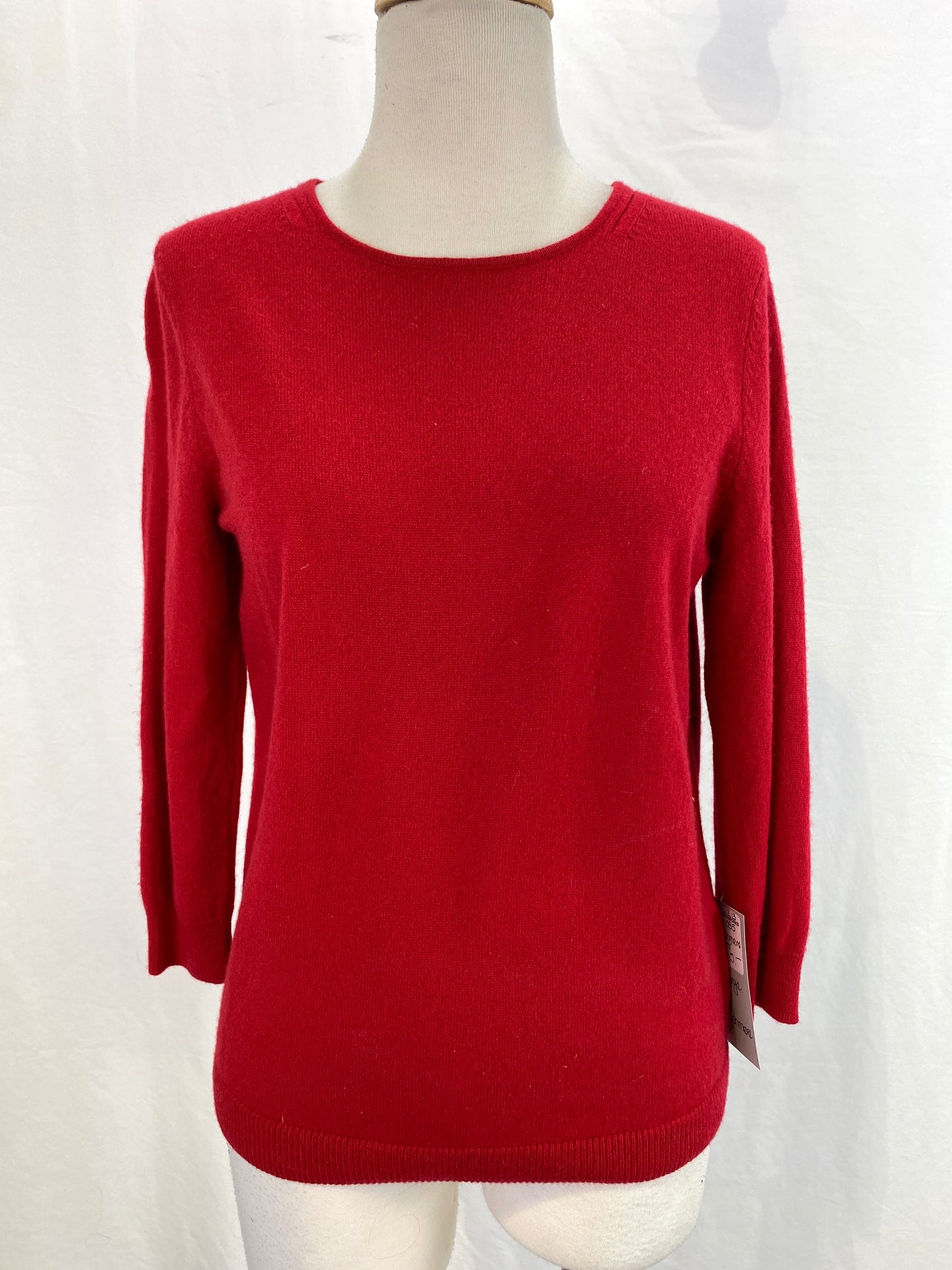 Talbots red round neck cashmere sweater with 3/4 length sleeves. Ian Drummond Vintage. 