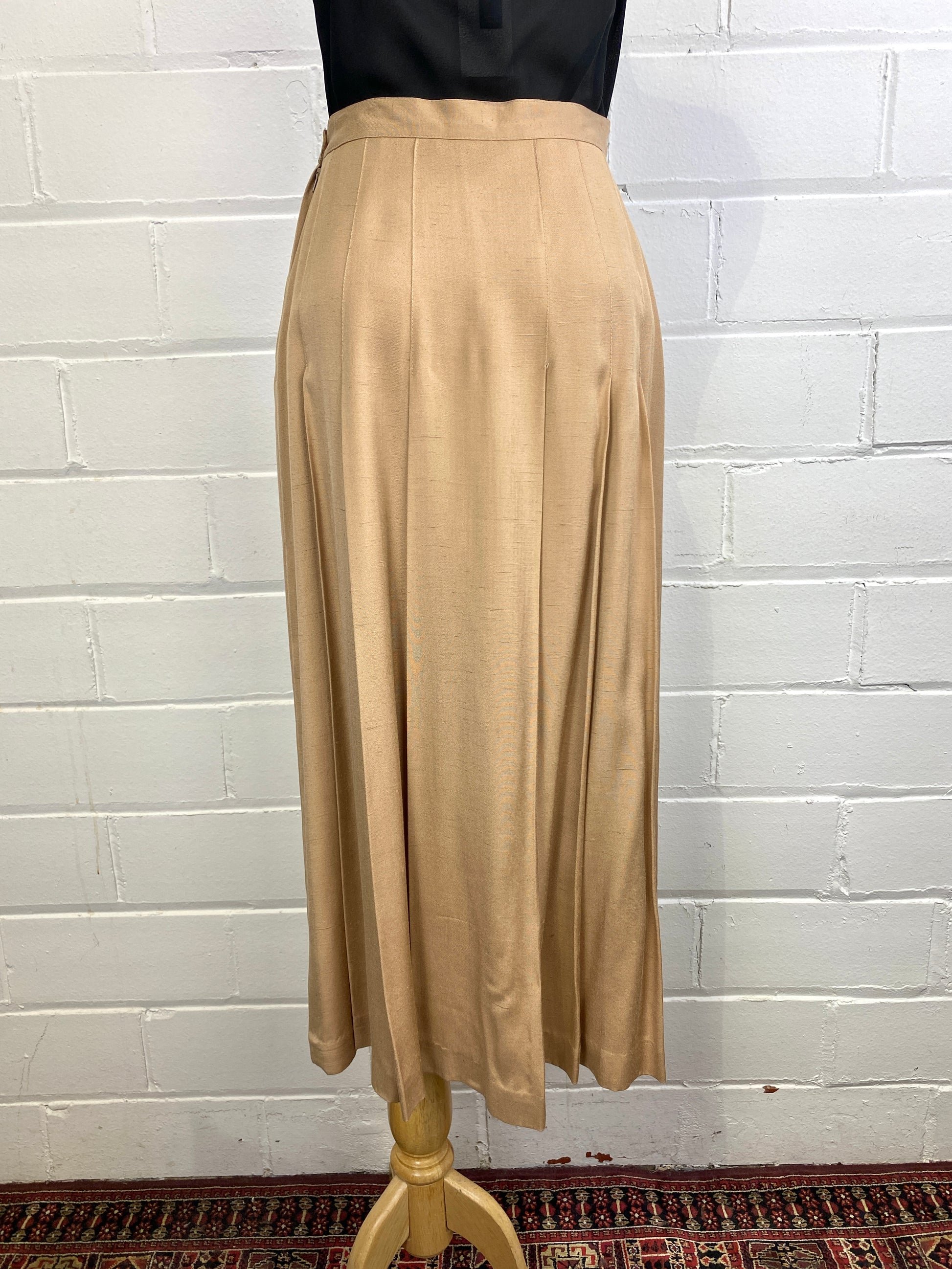 Vintage 1970s/ 80s Tan Pleated Midi Skirt, Small 