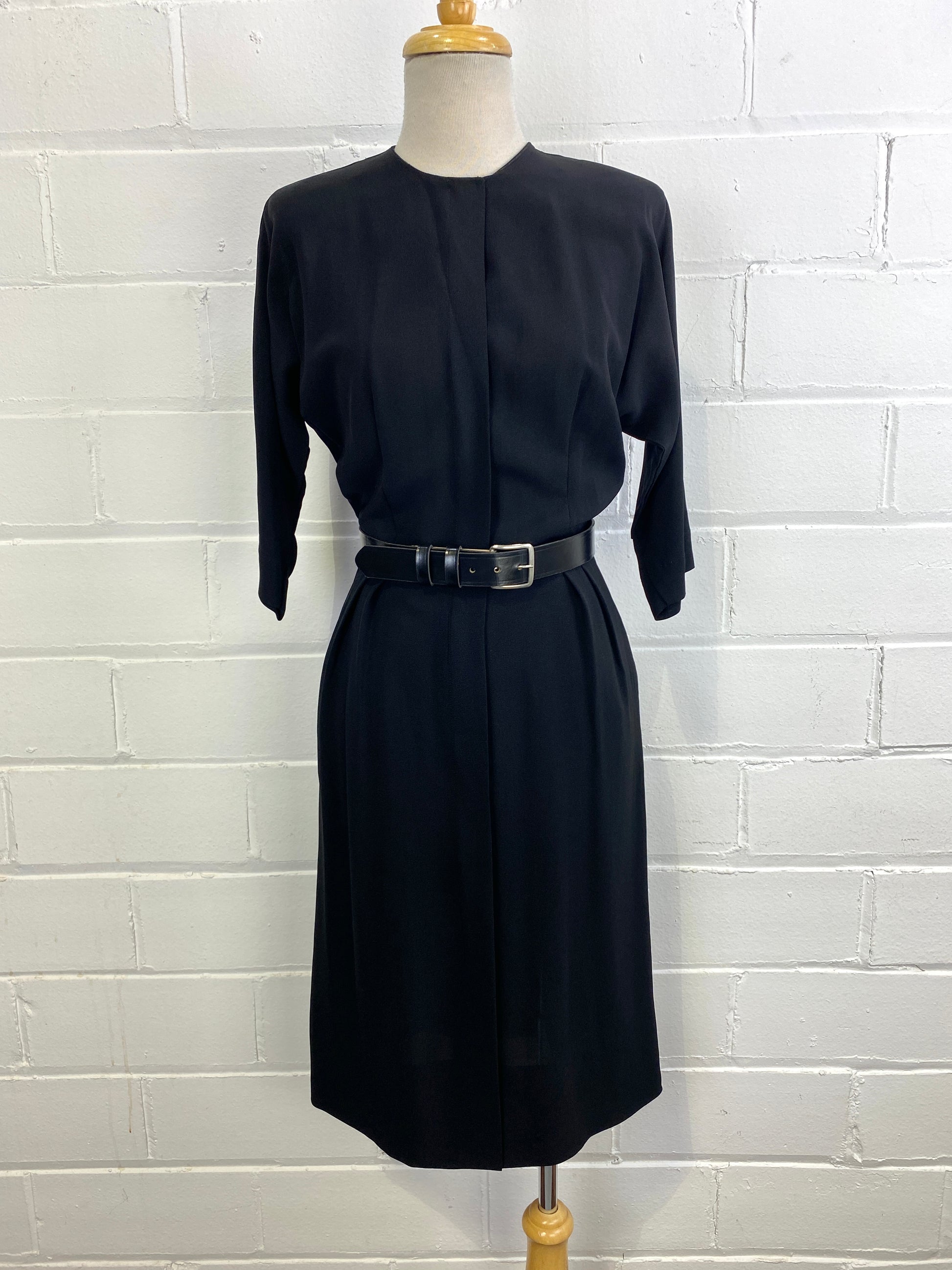 Vintage 1950s Minimalist Black Zip Day Dress, Small Vintage 1950s Minimalist Black Zip Day Dress, Small