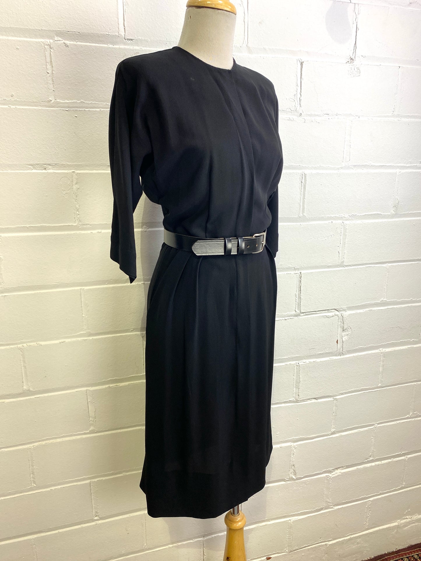 Vintage 1950s Minimalist Black Zip Day Dress, Small 