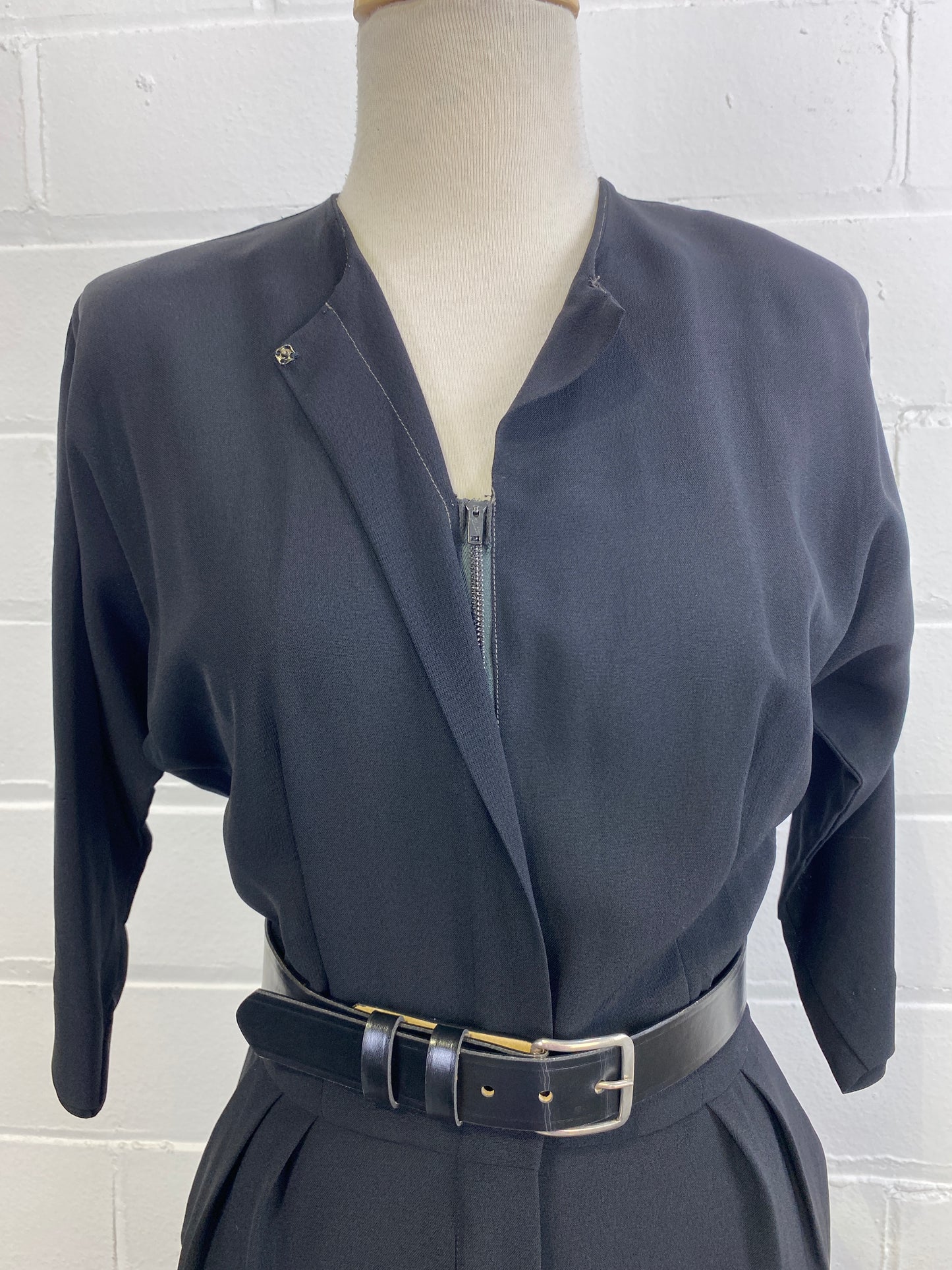 Vintage 1950s Minimalist Black Zip Day Dress, Small 