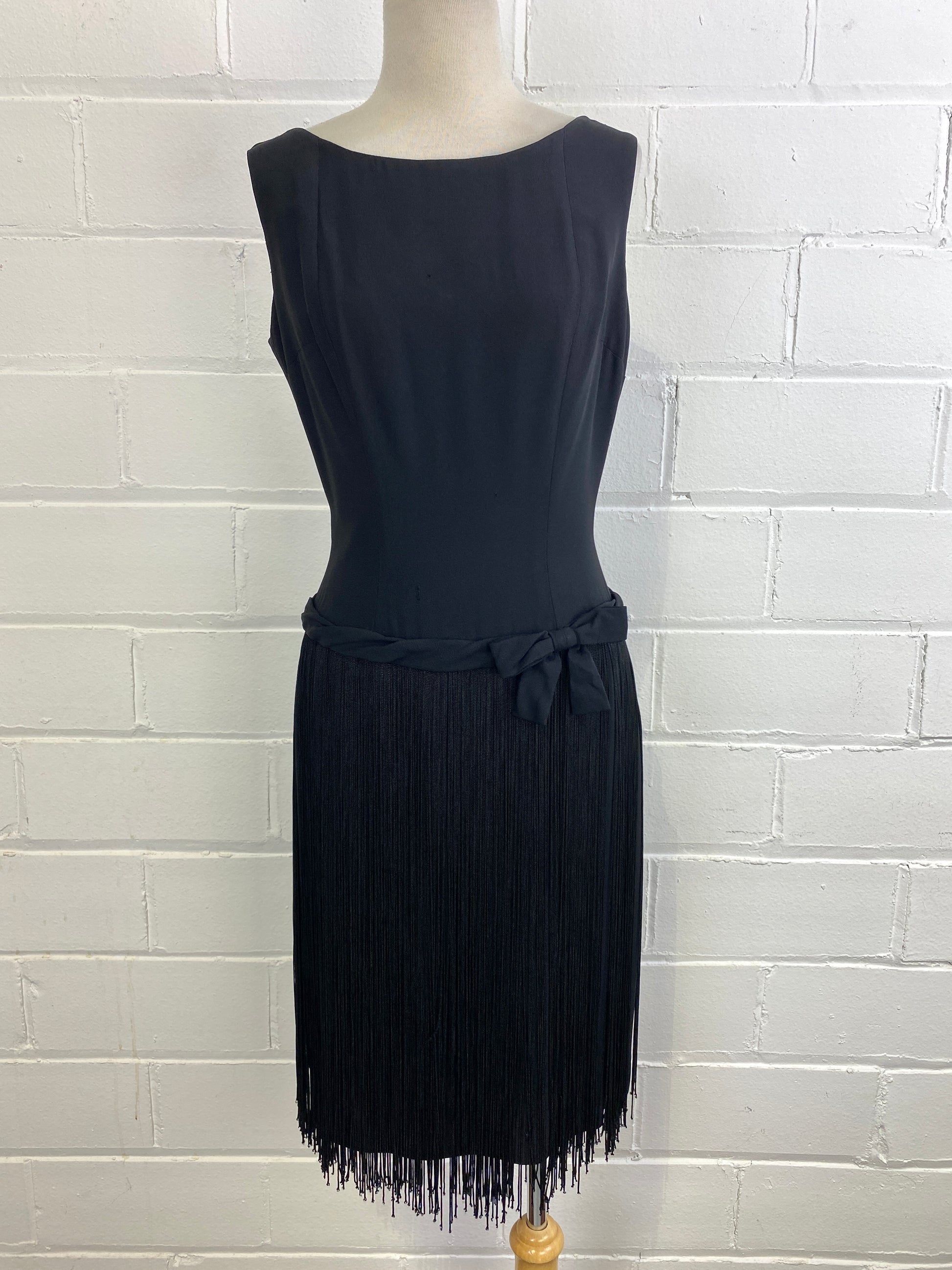 Vintage 1960s Does 20s Party Dress with Fringe Skirt & Waist Bow, Small