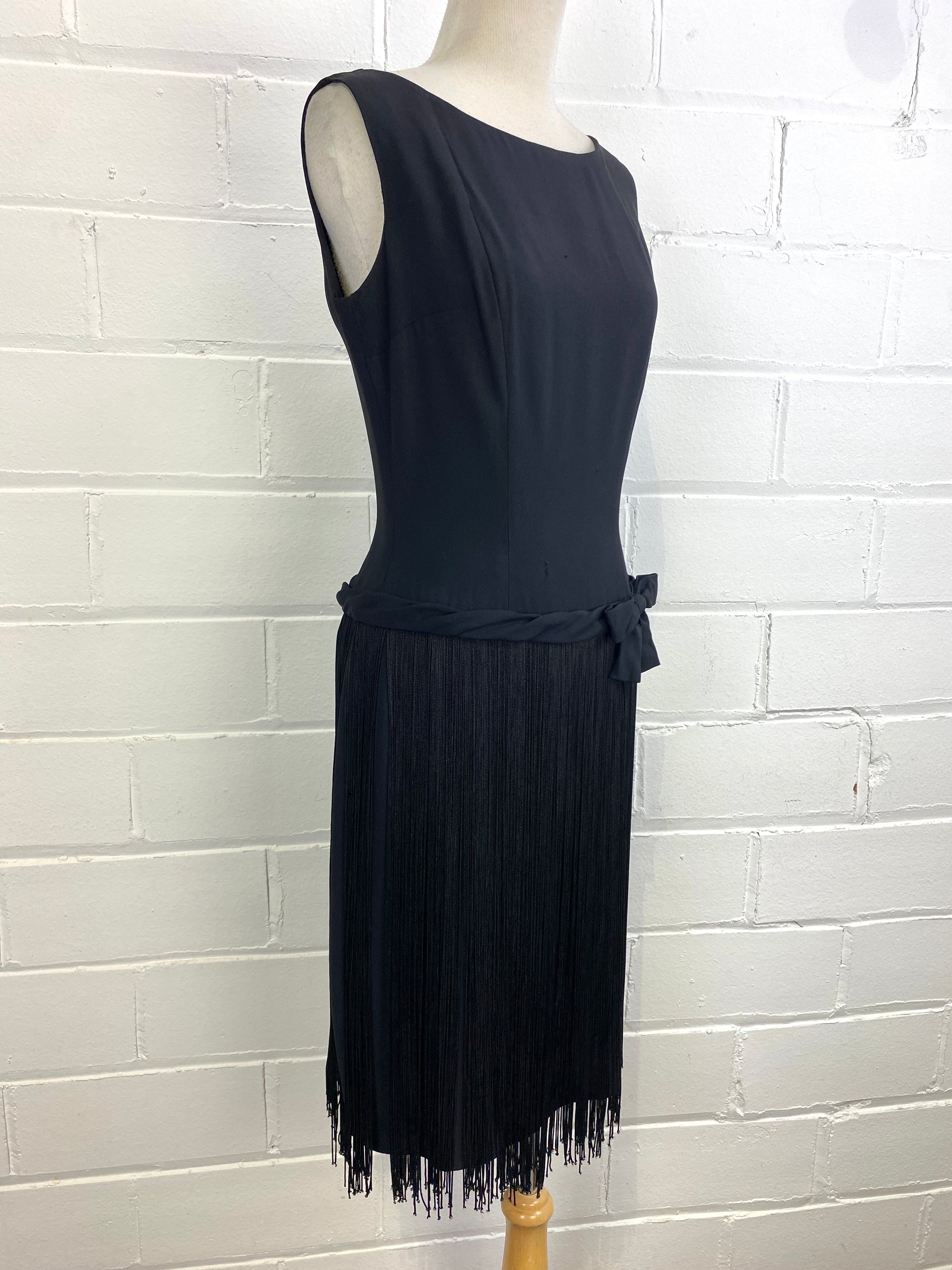 Vintage 1960s Does 20s Party Dress with Fringe Skirt & Waist Bow, Small Vintage 1960s Does 20s Party Dress with Fringe Skirt & Waist Bow, Small