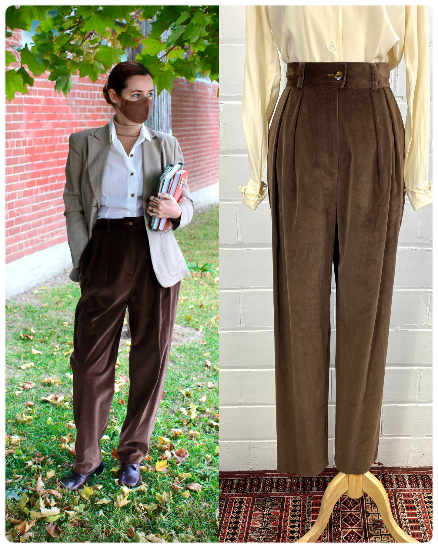 Vintage 1990s Brown Velour Pleated Trousers, W30, x2 Available