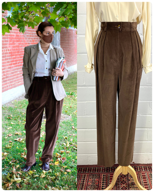 Vintage 1990s Brown Velour Pleated Trousers, W30, x2 Available