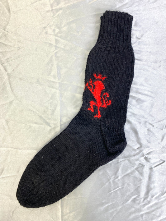 Vintage Deadstock Red Heraldic Lion Rampant Black Wool Socks, x1 Pair 