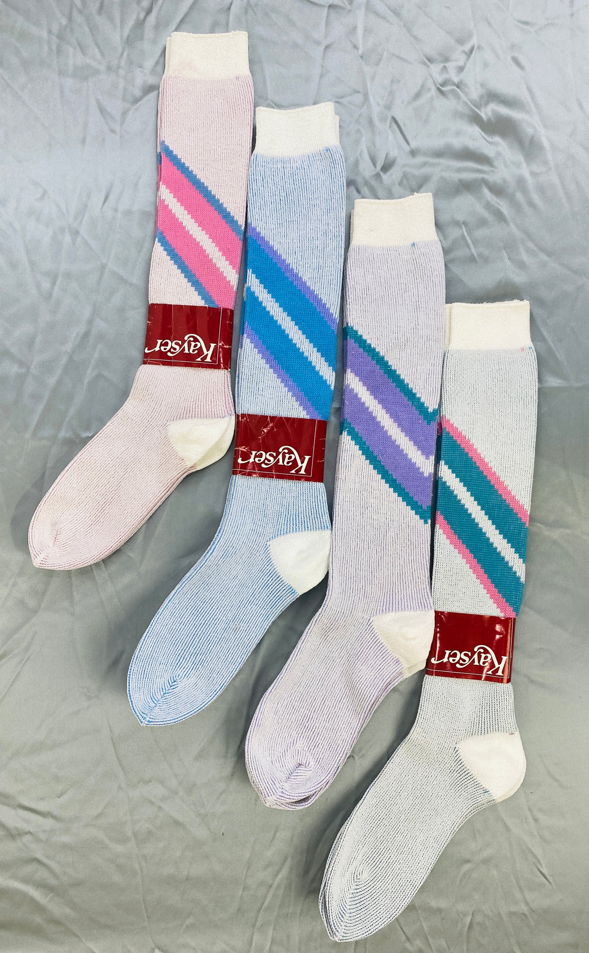Vintage Deadstock Pastel Nylon Knee Socks with Repp Stripe, Kayser, x5