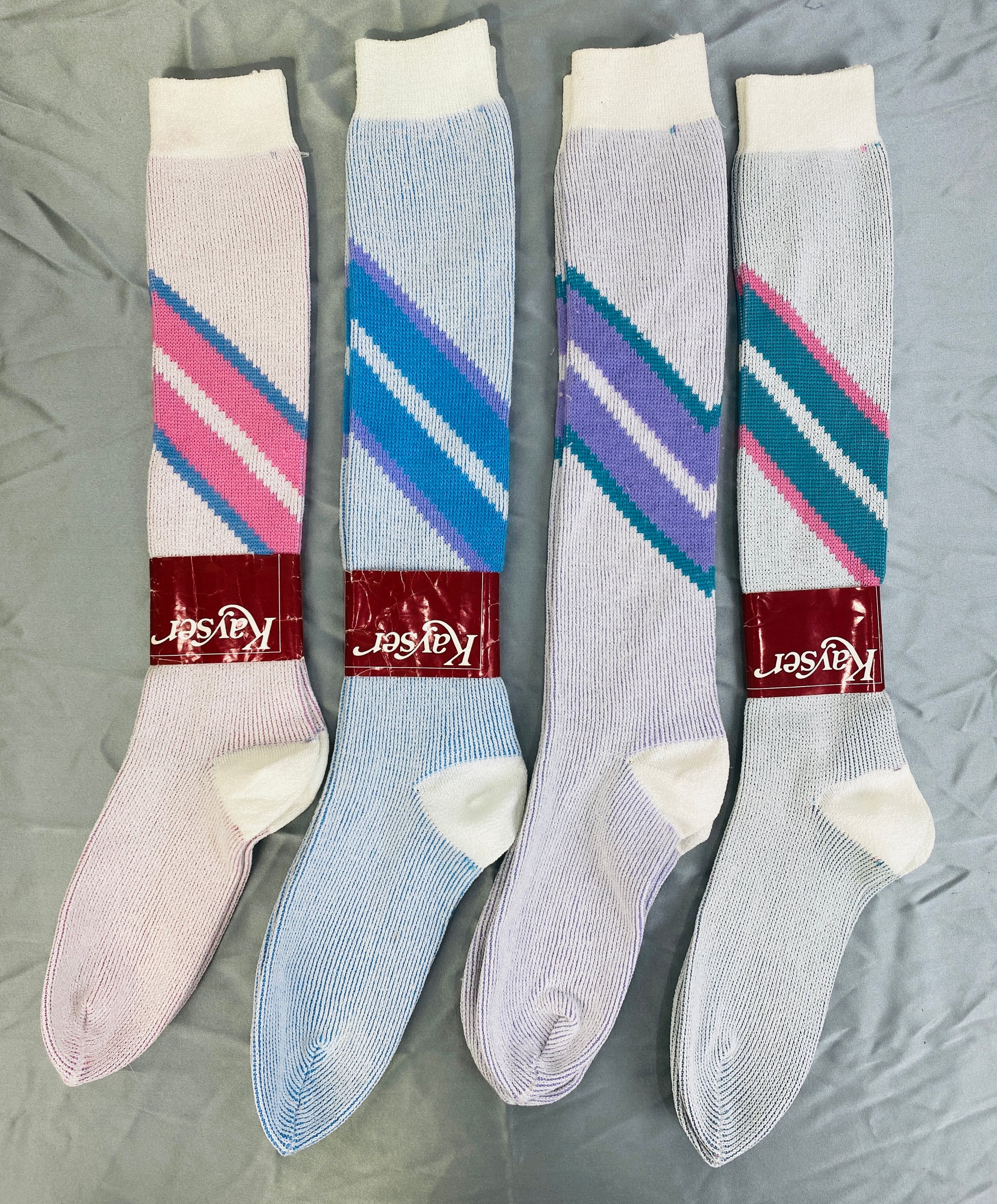 Vintage Deadstock Pastel Nylon Knee Socks with Repp Stripe, Kayser, x5