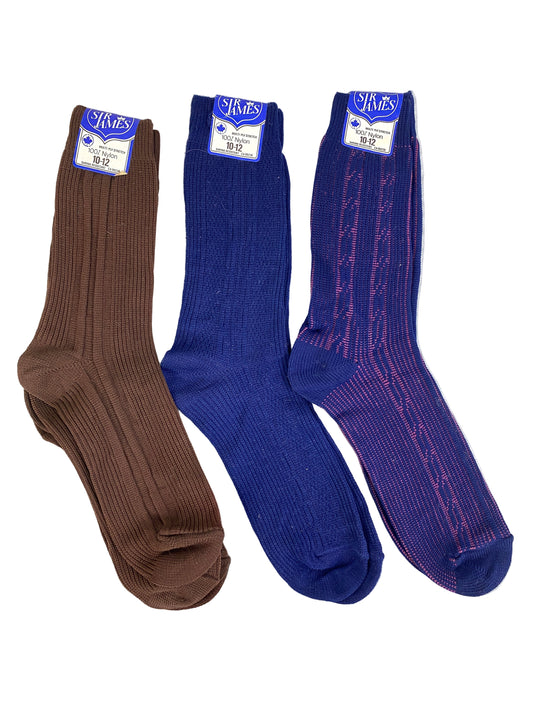 Vintage Deadstock Sir James Brown & Blue Nylon Socks, x6, Size 10-12