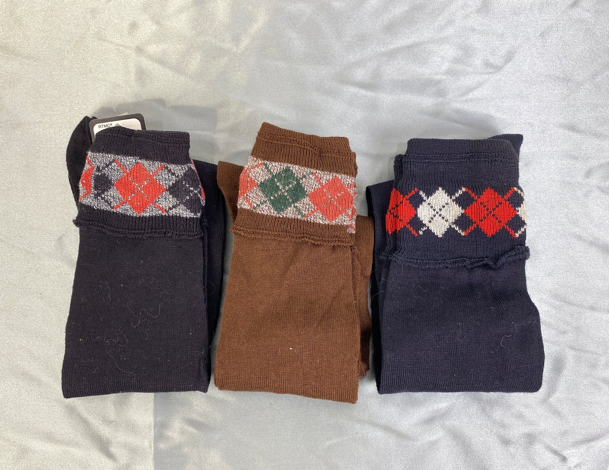 Vintage Deadstock Cotton Argyle Randolph Knit Kids Cuffed Knee Socks, x5