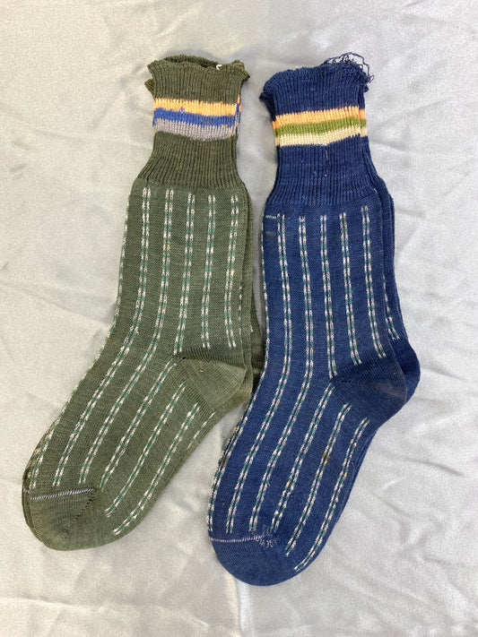 Vintage 1940s Deadstock Kids Blue & Green Stripe Socks, x5