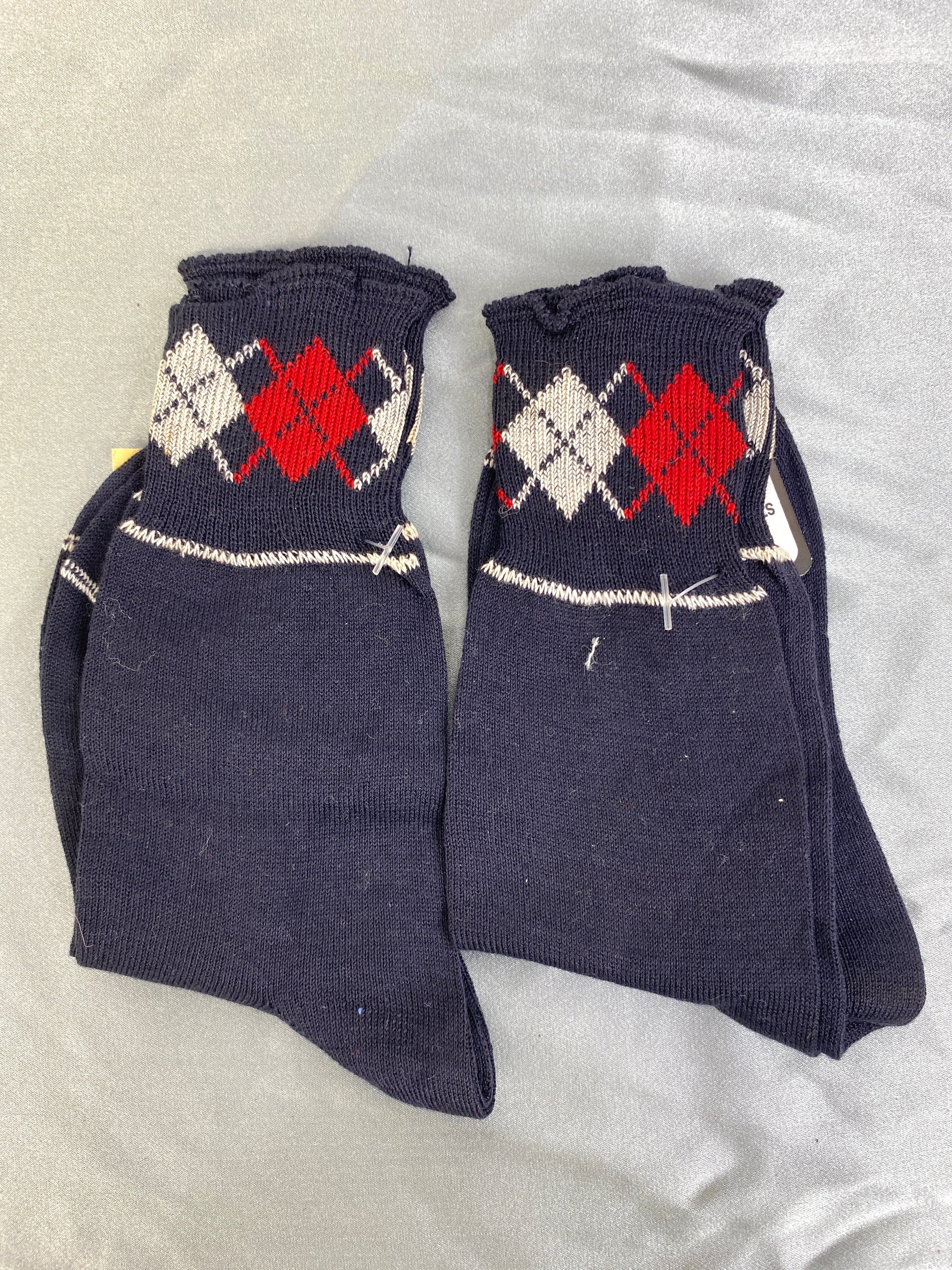 Vintage 1950s Deadstock Kids Randolph Knit Navy Cotton Argyle Socks, x2