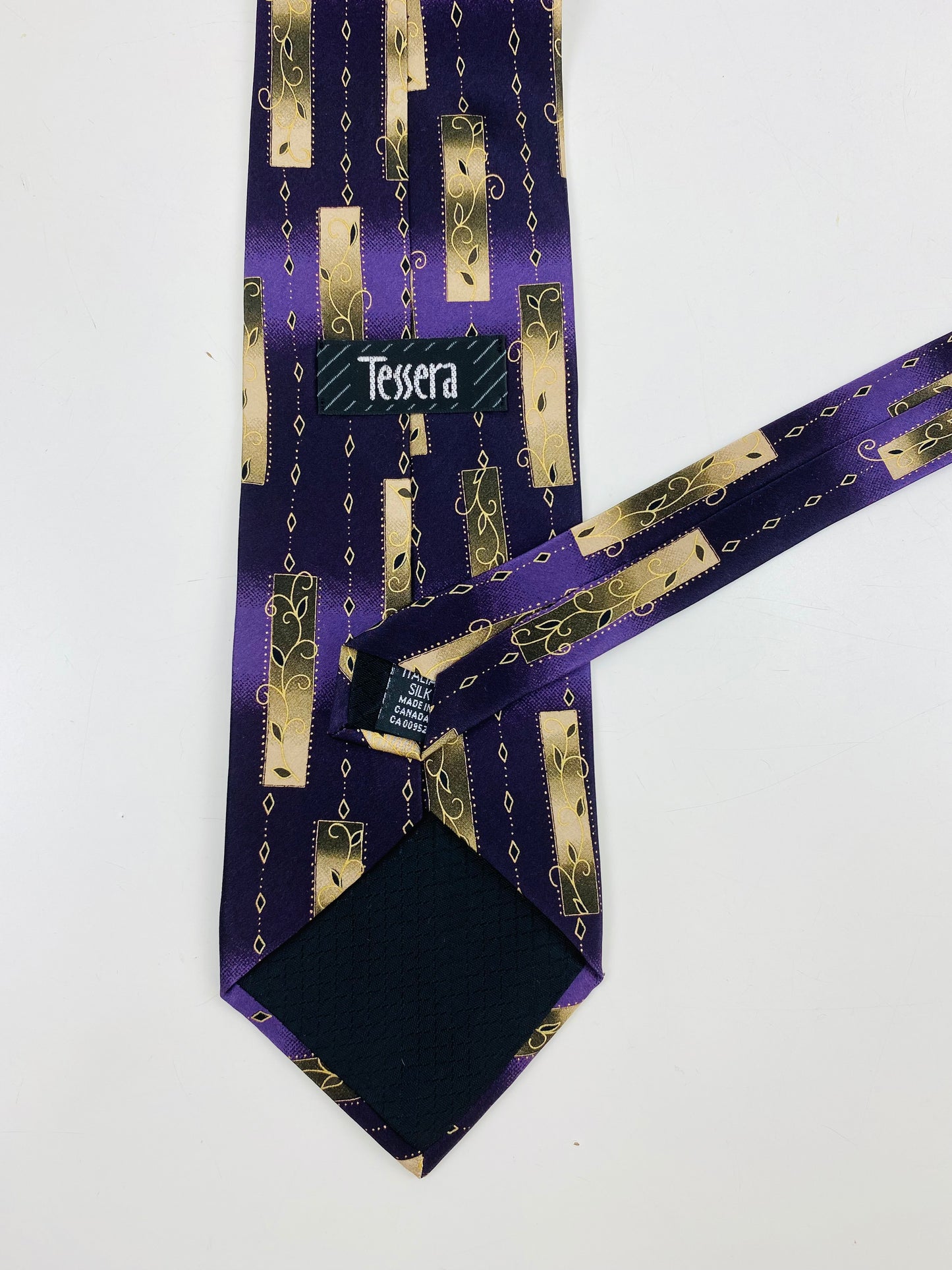 90s Deadstock Silk Necktie, Men's Vintage Purple/ Gold Filigree Pattern Tie, NOS