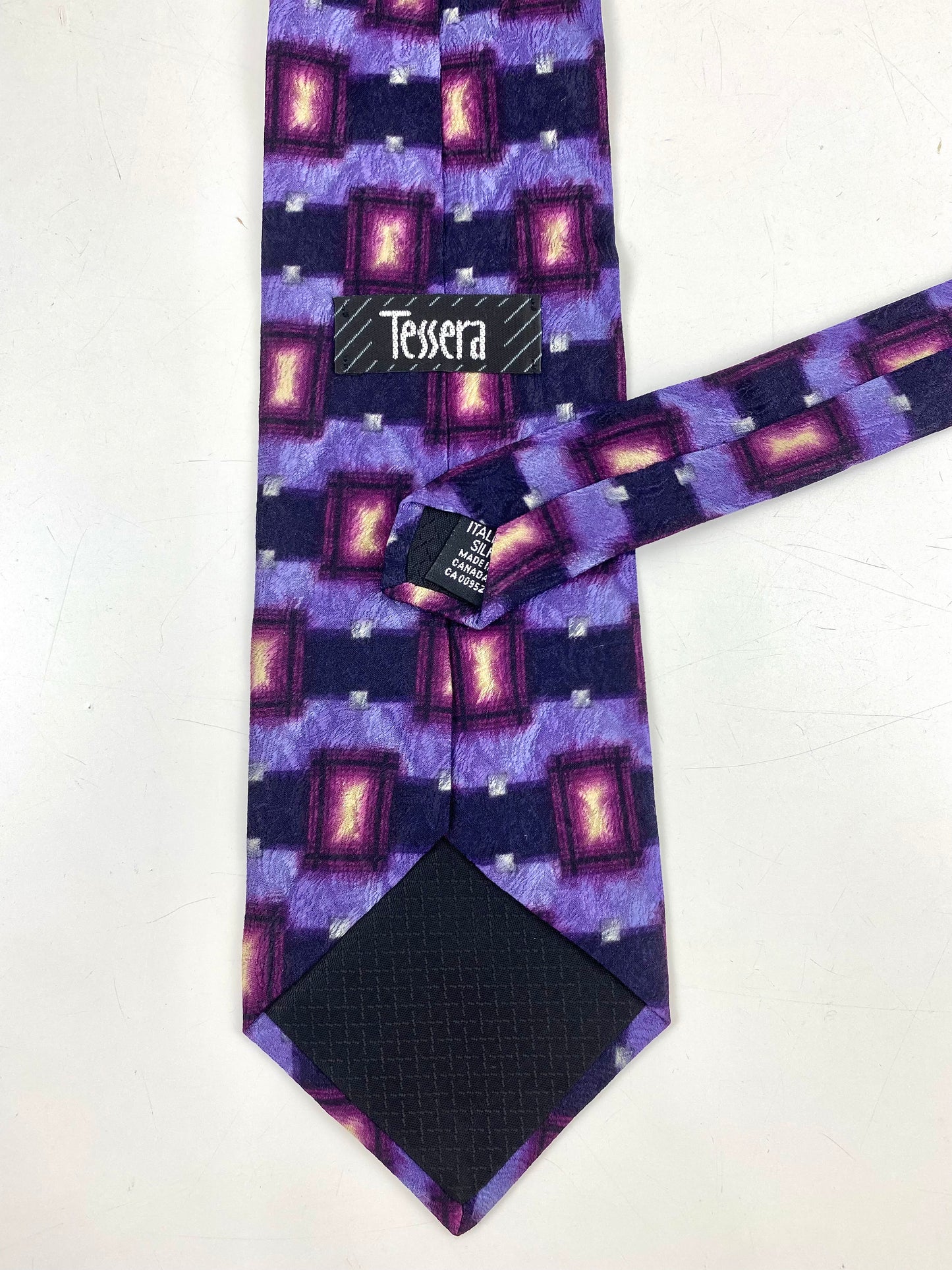 90s Deadstock Silk Necktie, Men's Vintage Purple/ Yellow Geometric Pattern Tie, NOS