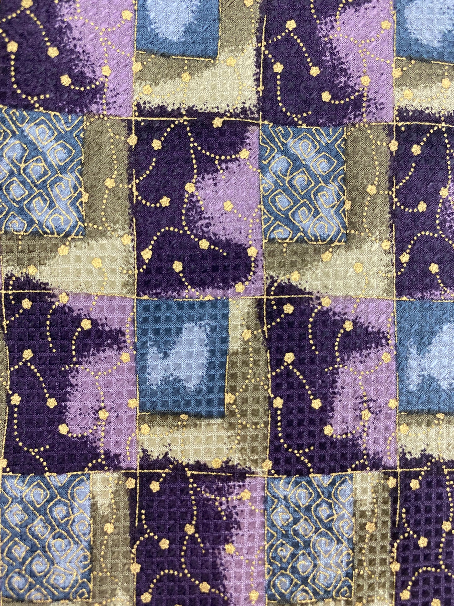 90s Deadstock Silk Necktie, Men's Vintage Purple/ Green/ Blue Abstract Check Pattern Tie, NOS