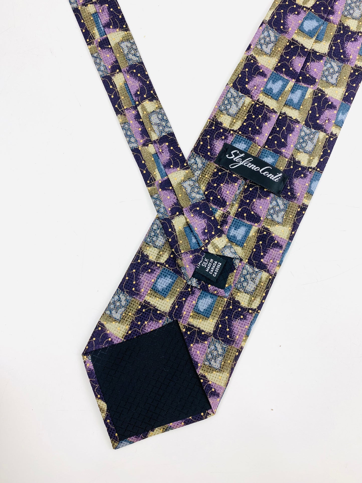 90s Deadstock Silk Necktie, Men's Vintage Purple/ Green/ Blue Abstract Check Pattern Tie, NOS