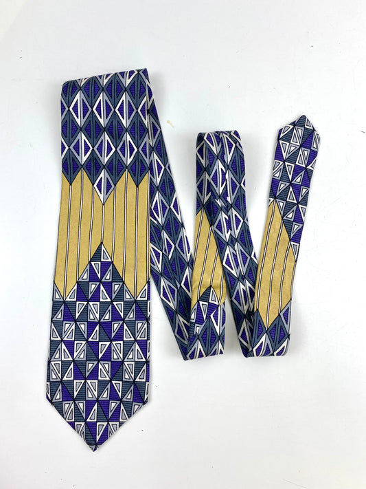 90s Deadstock Silk Necktie, Men's Vintage Purple/ Gold Geometric Art Deco Pattern Tie, NOS