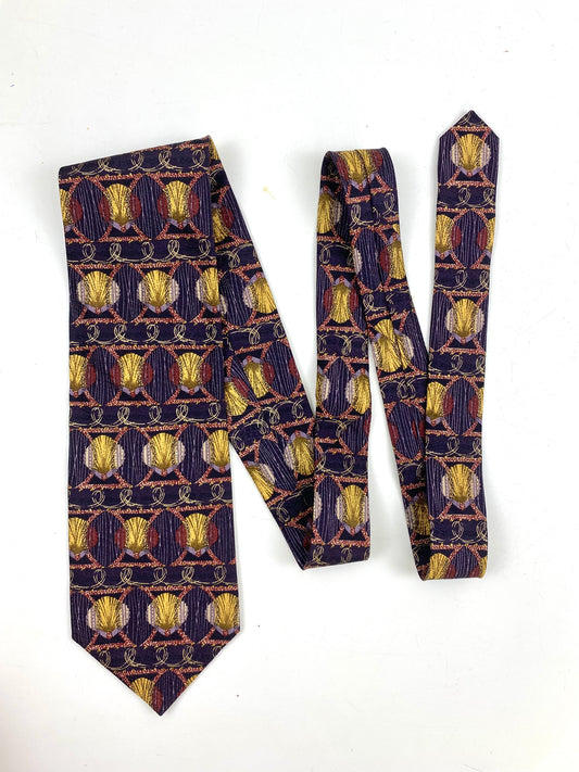90s Deadstock Silk Necktie, Men's Vintage Purple & Gold Shell Pattern Tie, NOS